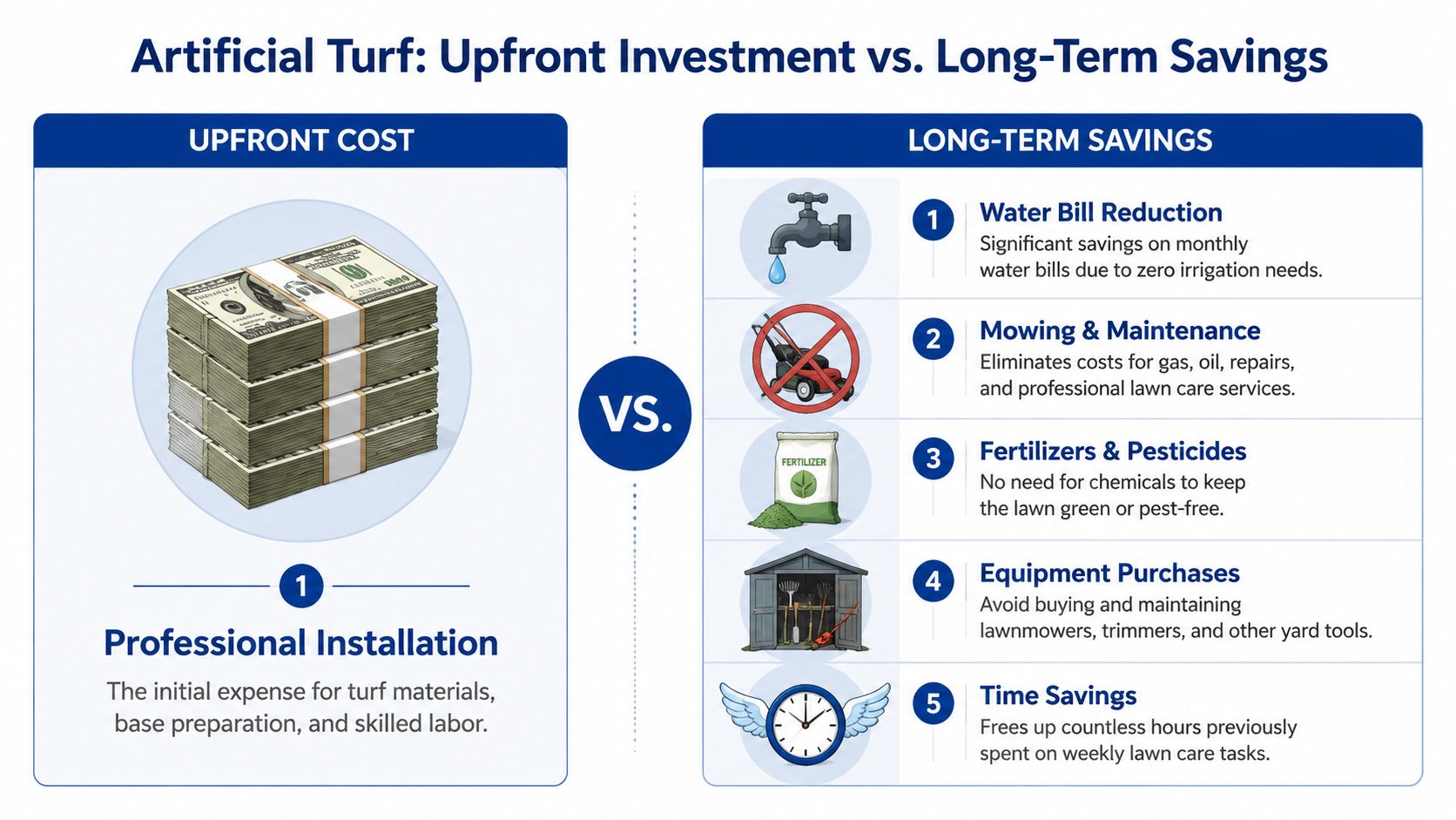 An infographic comparing the upfront installation costs of artificial turf against its long-term financial and time savings.