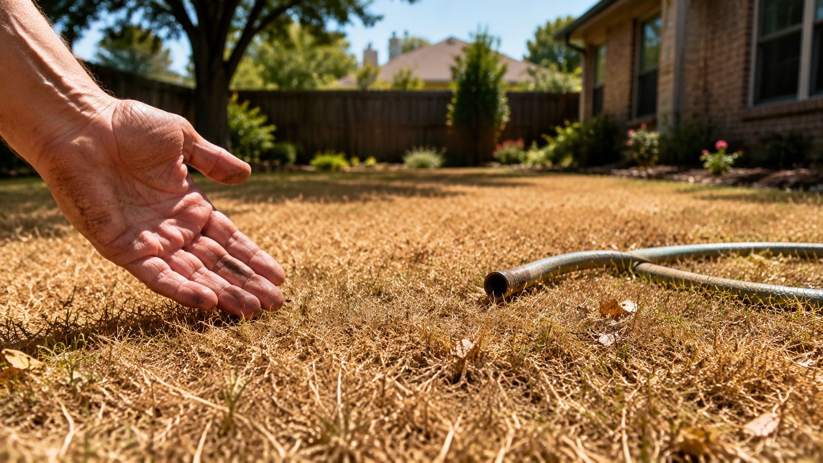 A person's hand reaches toward dry, brown grass in a backyard next to a garden hose.