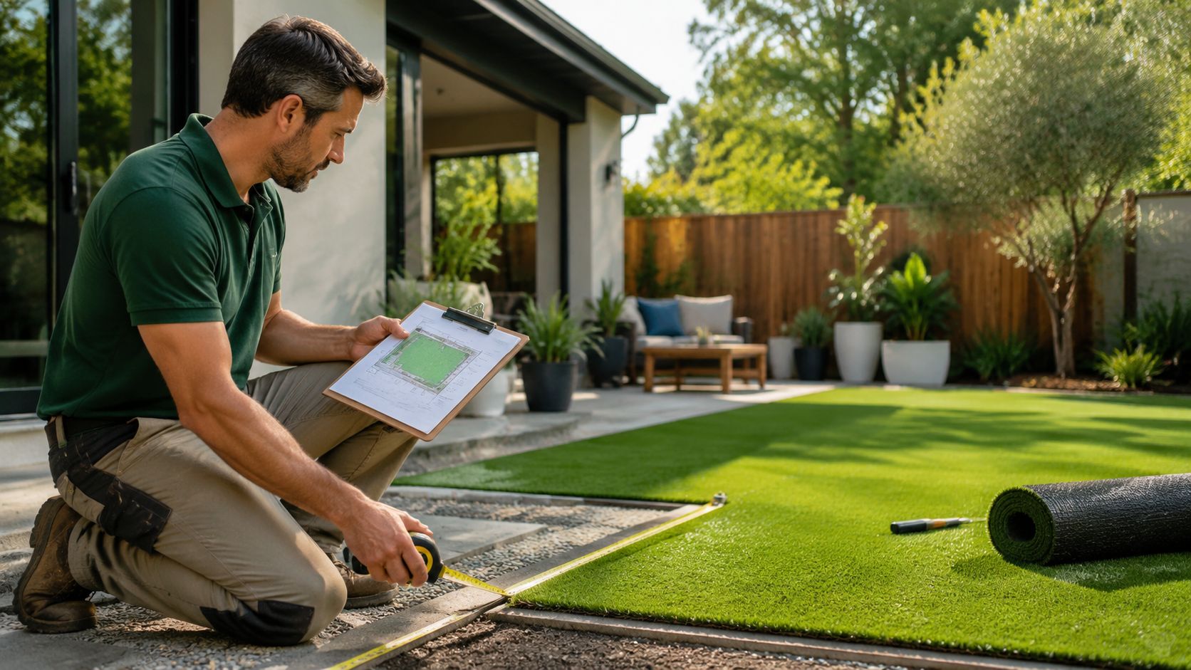 A professional landscaper measuring an area while planning an artificial turf installation project in a backyard.