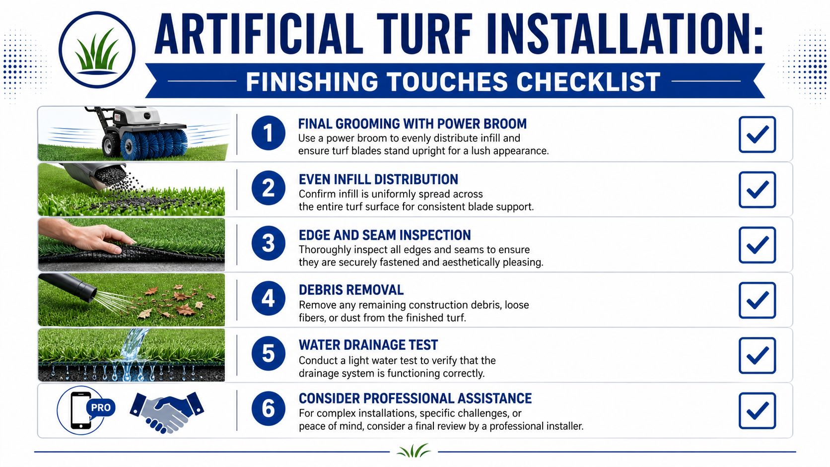 A checklist illustrating six essential steps for completing a professional artificial turf installation project.