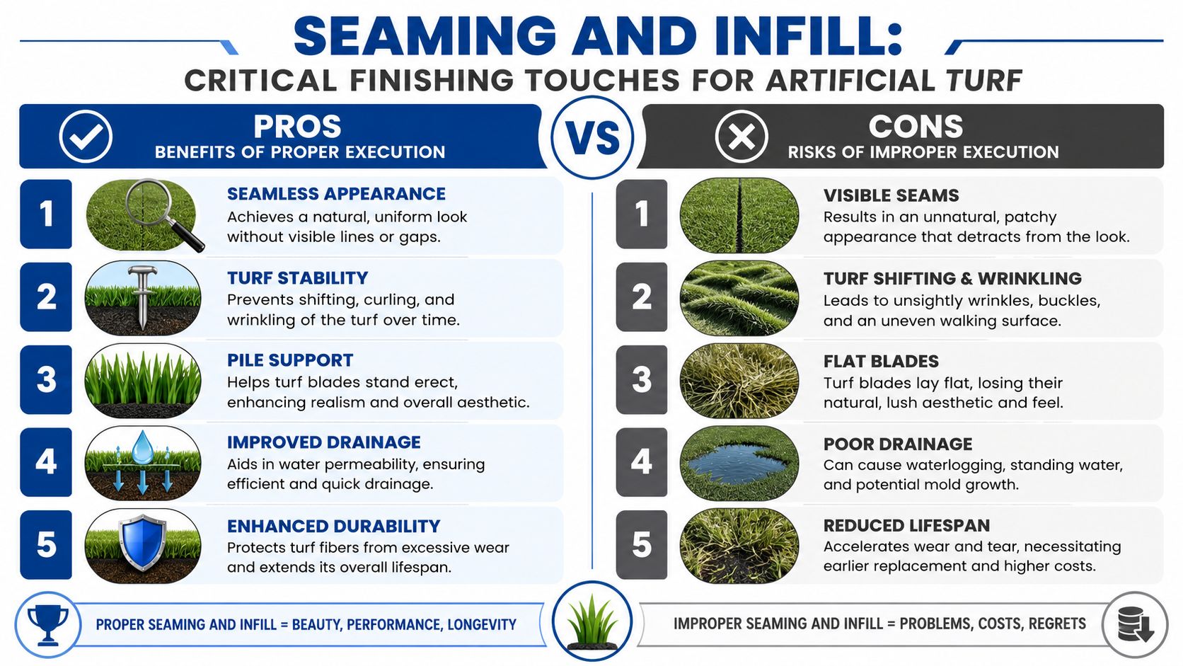 An infographic comparing the benefits of proper artificial turf seaming and infill versus the risks of improper execution.