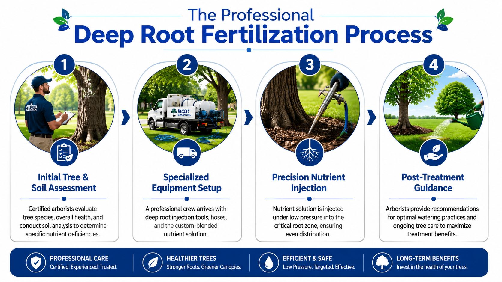 A four-step infographic illustrating the professional deep root fertilization process for maintaining healthy trees.