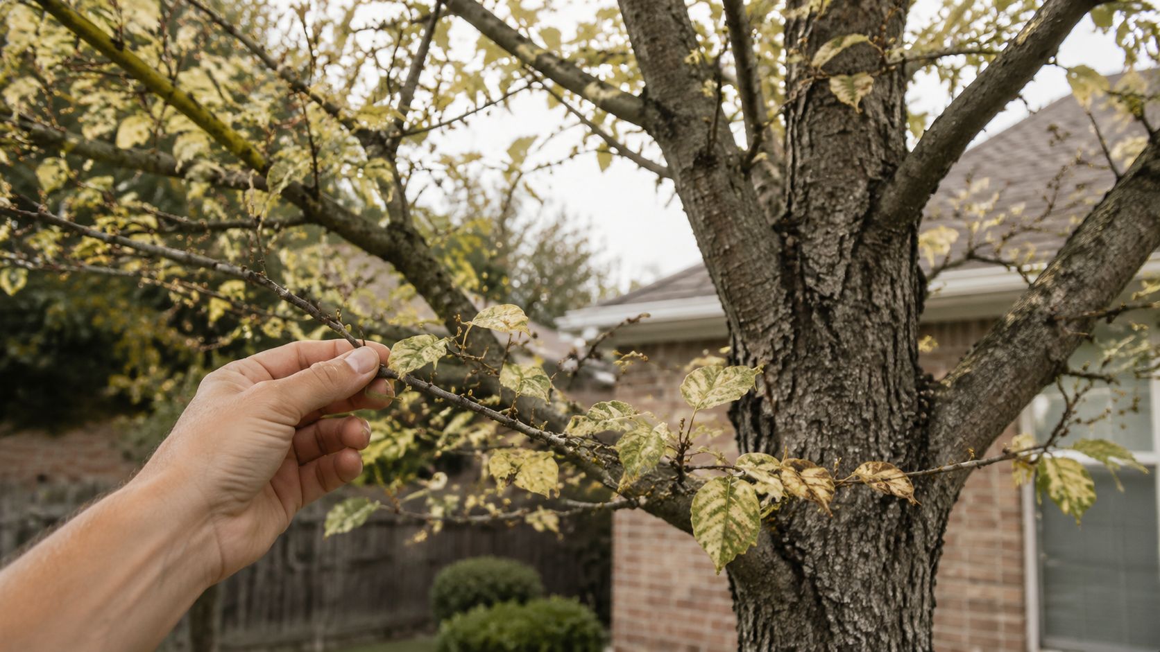A hand examines chlorotic yellowing leaves on a backyard tree branch indicating potential nutrient deficiency