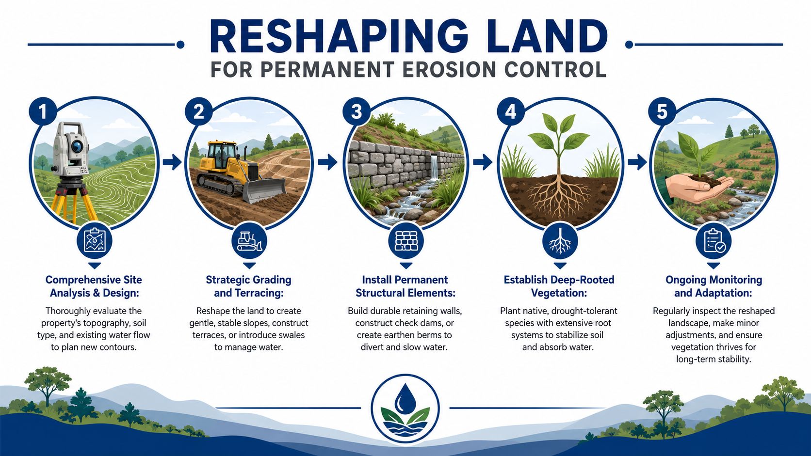A step-by-step infographic illustrating the five-stage process for land reshaping and permanent erosion control management.