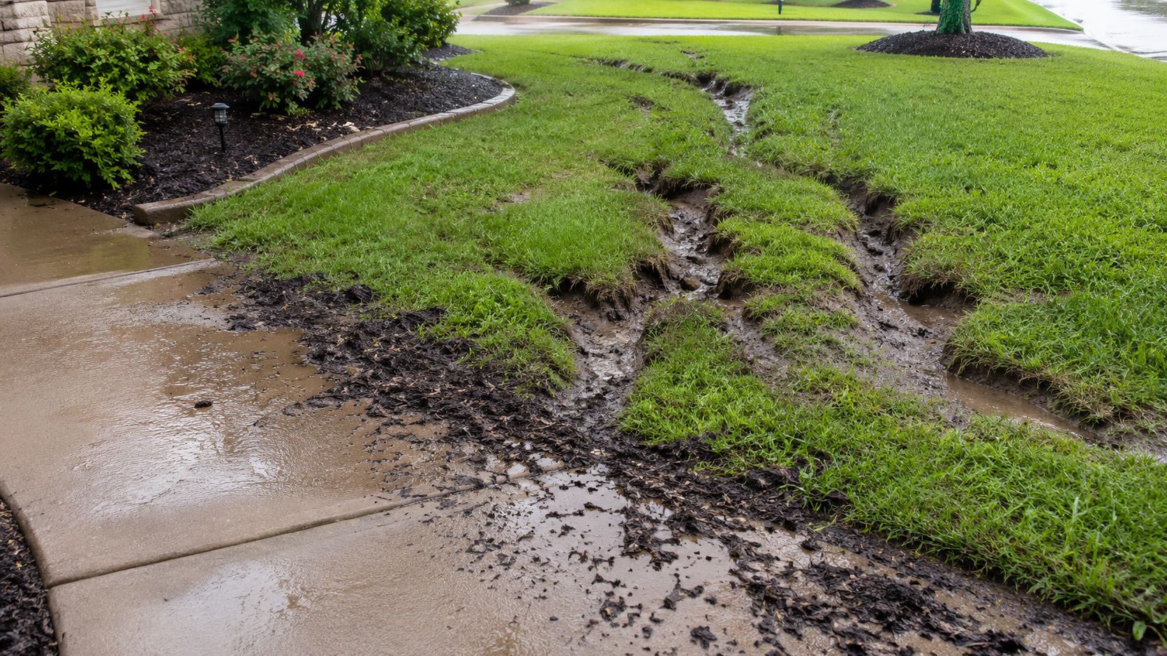 Severe soil erosion and muddy runoff channels cutting through a residential green lawn after heavy rain.