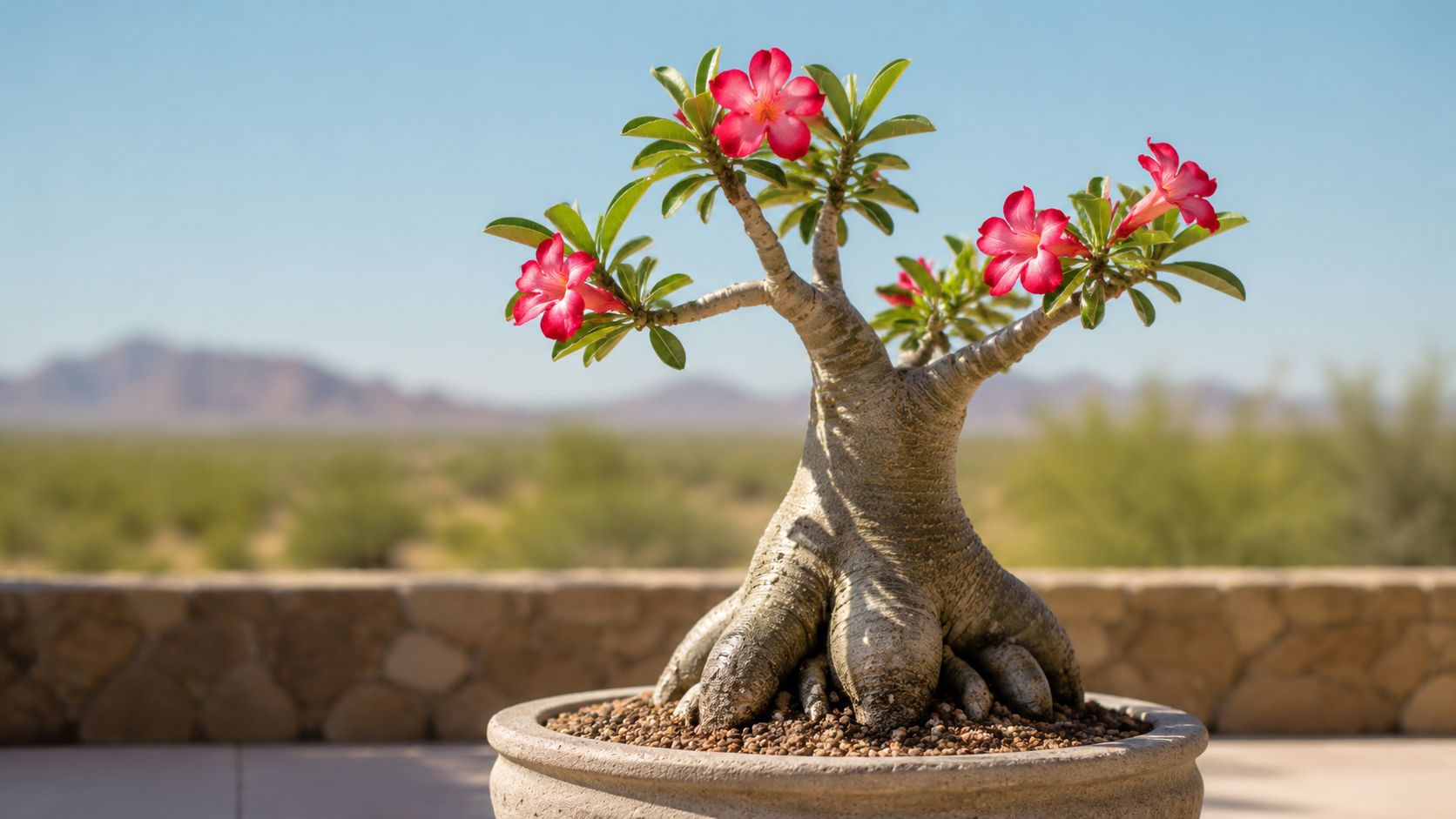 A beautiful desert rose bonsai tree with vibrant pink flowers growing in a stone pot outdoors.