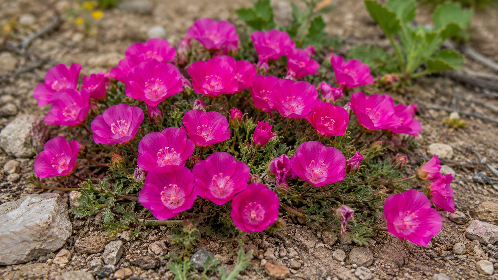 A cluster of vibrant pink desert wildflowers blooming on rocky, arid ground in bright daylight.