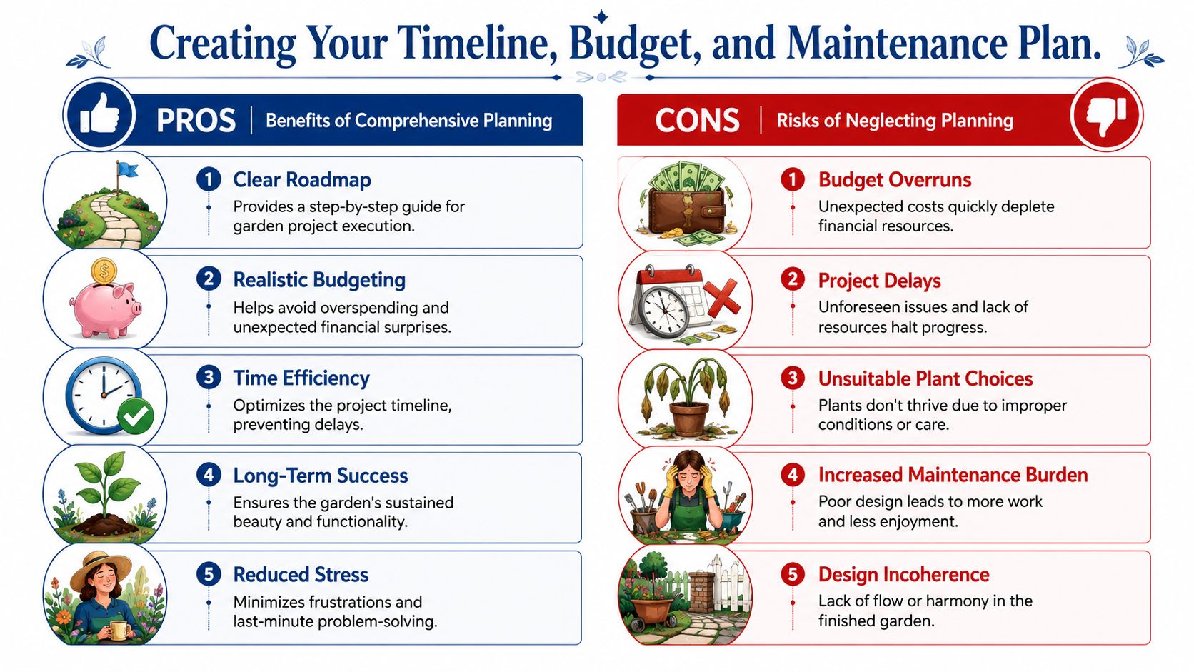 An infographic comparing the pros and cons of comprehensive garden planning versus neglecting to create a plan.
