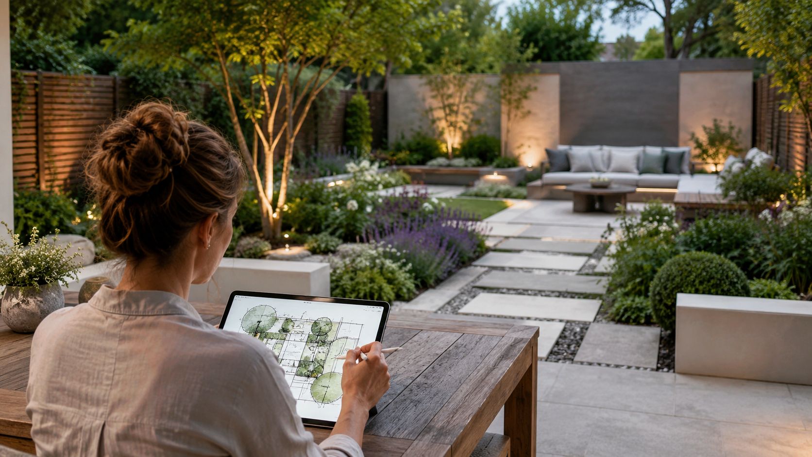 A woman sketching a garden landscape design on a tablet while sitting on a patio.