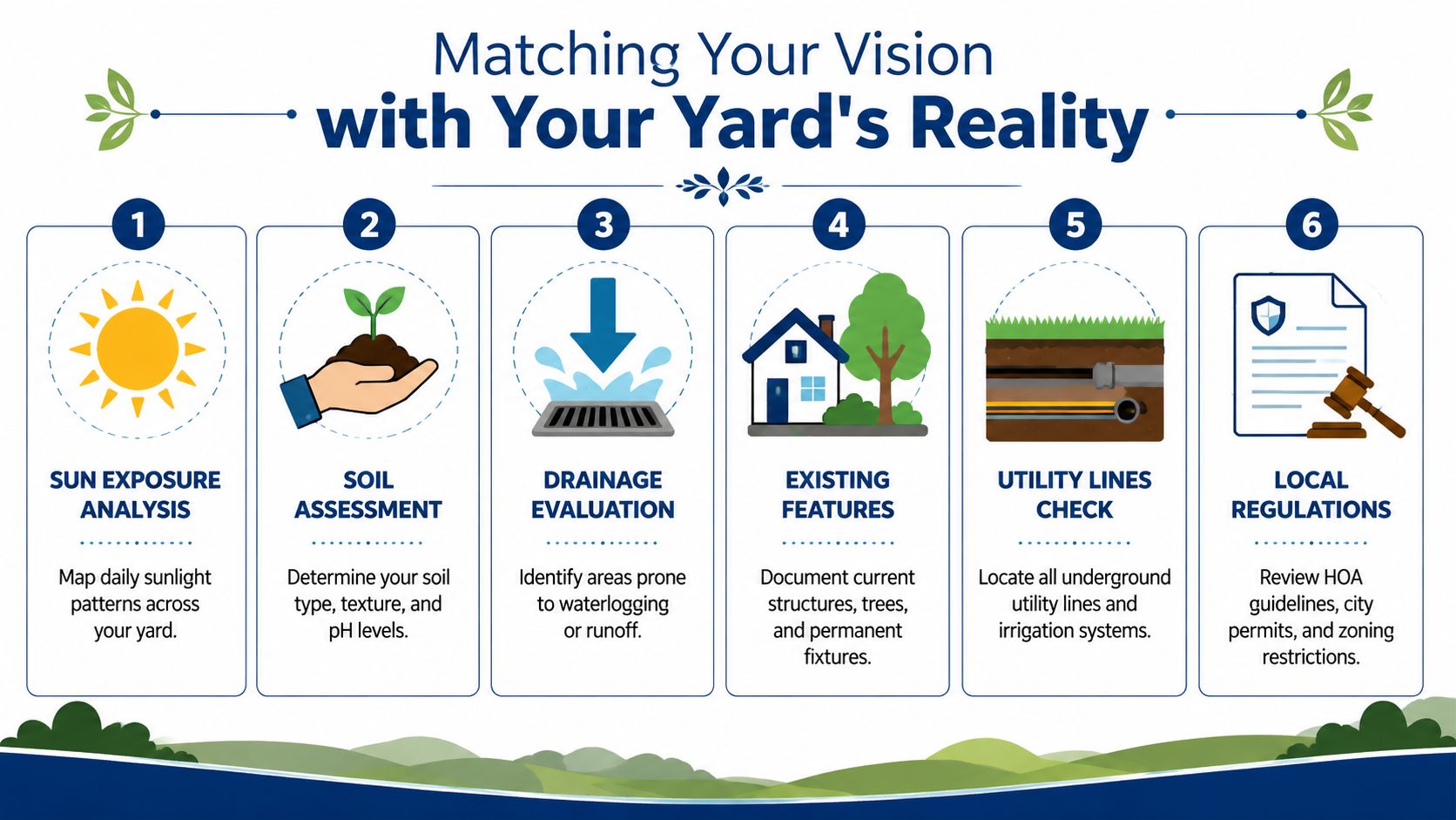 An infographic showing six steps for planning a landscape design while matching your vision with yard reality.