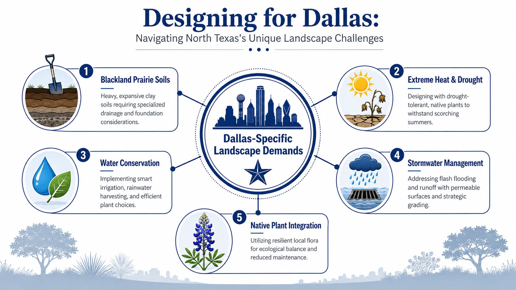 An infographic detailing five key landscape architecture challenges and solutions for the Dallas, Texas region.