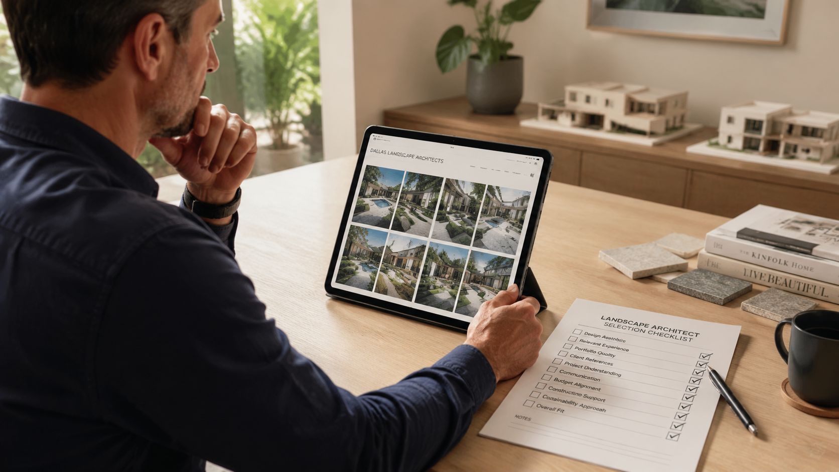 A man reviewing landscape architecture design portfolios on a digital tablet while checking a selection checklist.