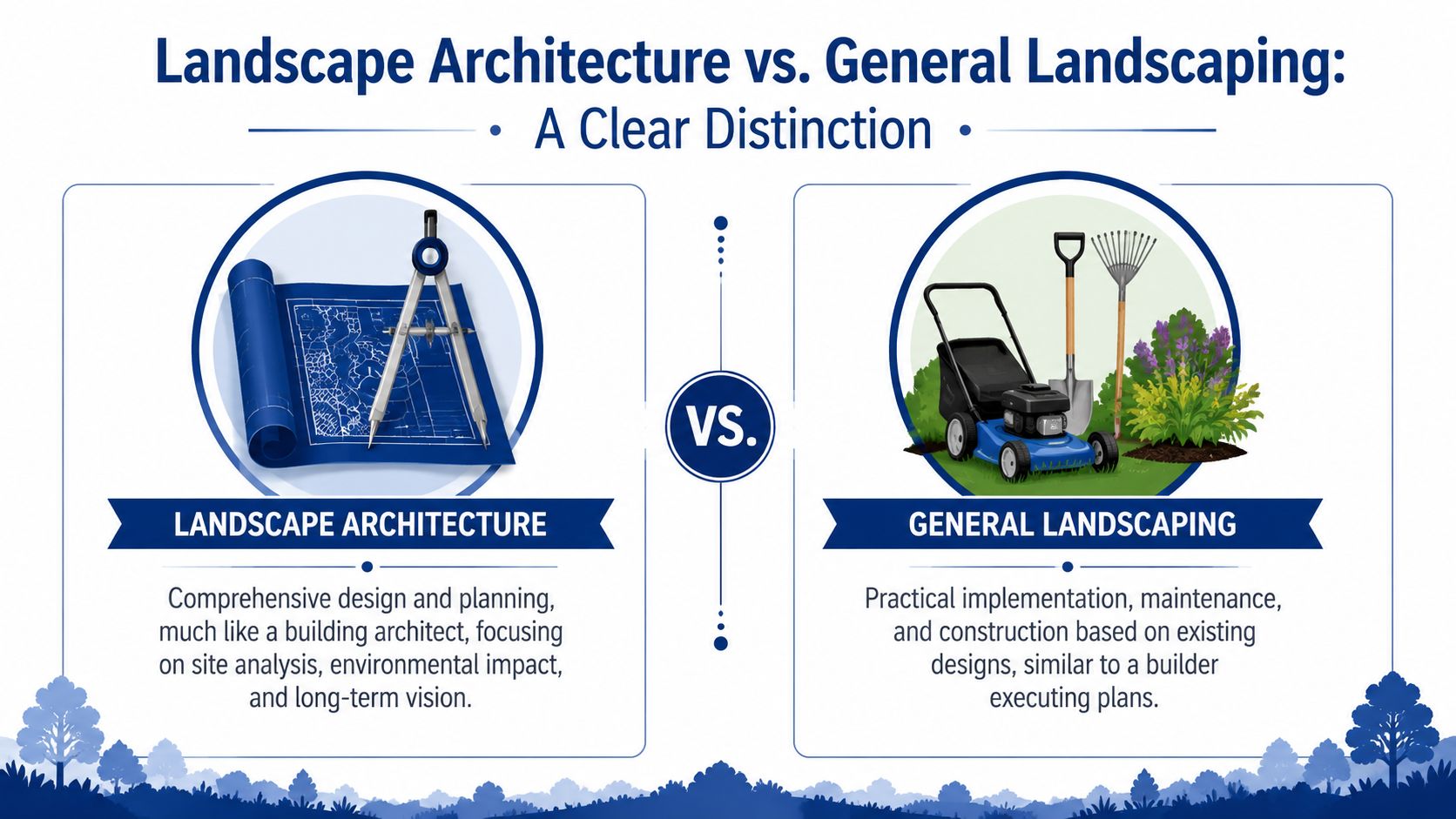 A comparison infographic between landscape architecture, focusing on design planning, and general landscaping, focused on maintenance tasks.