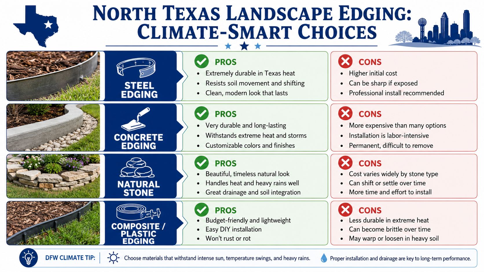 A comparison chart showing pros and cons of steel, concrete, natural stone, and composite landscape edging materials.