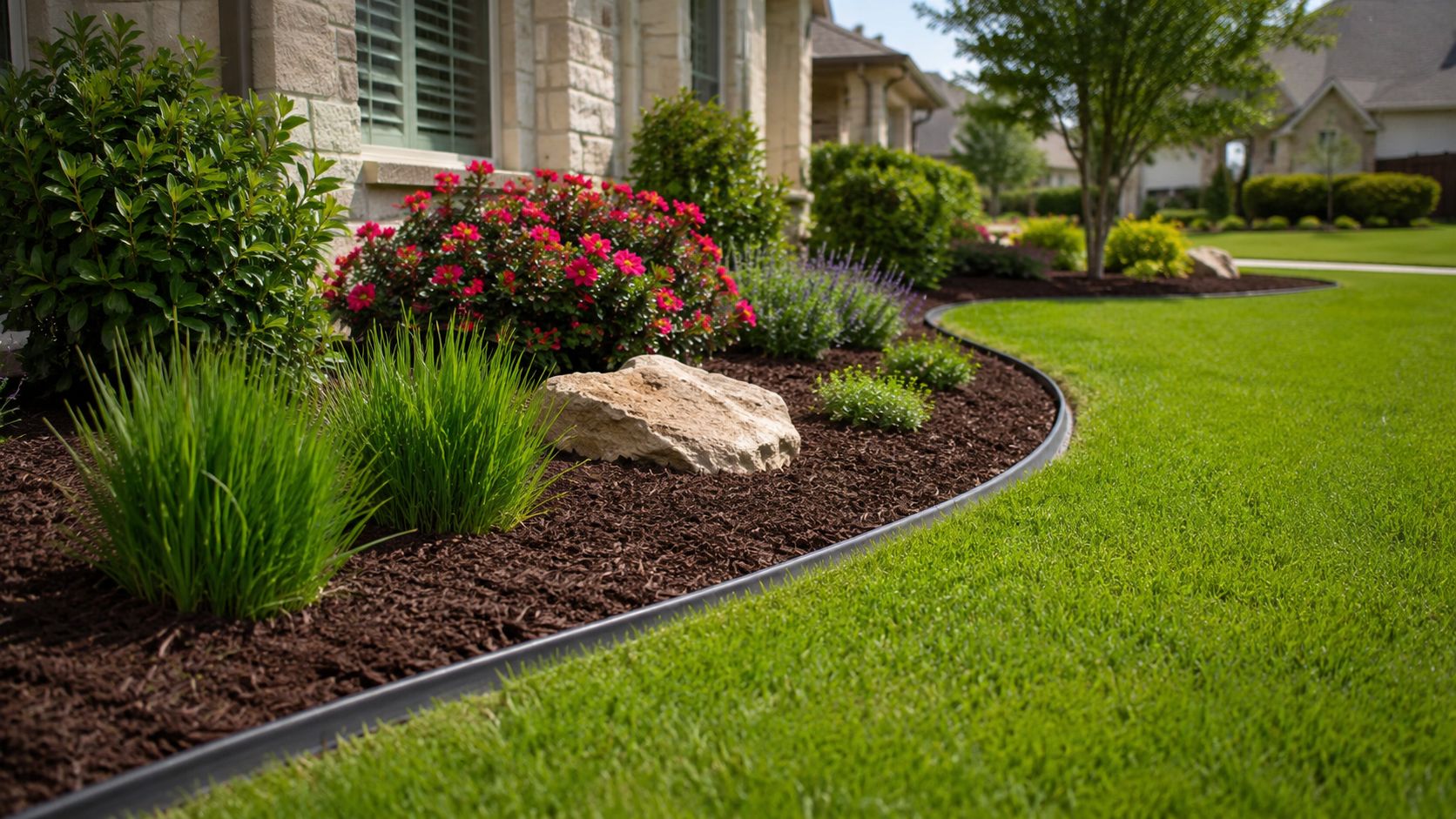 A neatly manicured home garden bed with dark mulch, vibrant pink flowers, and professional black landscape edging.