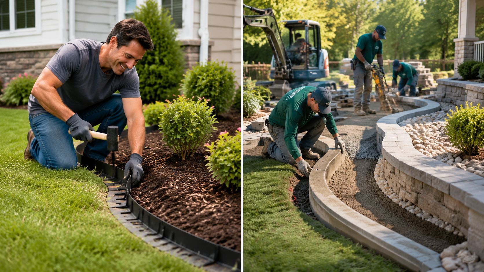 A split-screen image showing professional landscapers installing plastic garden borders and concrete edging blocks in residential yards.