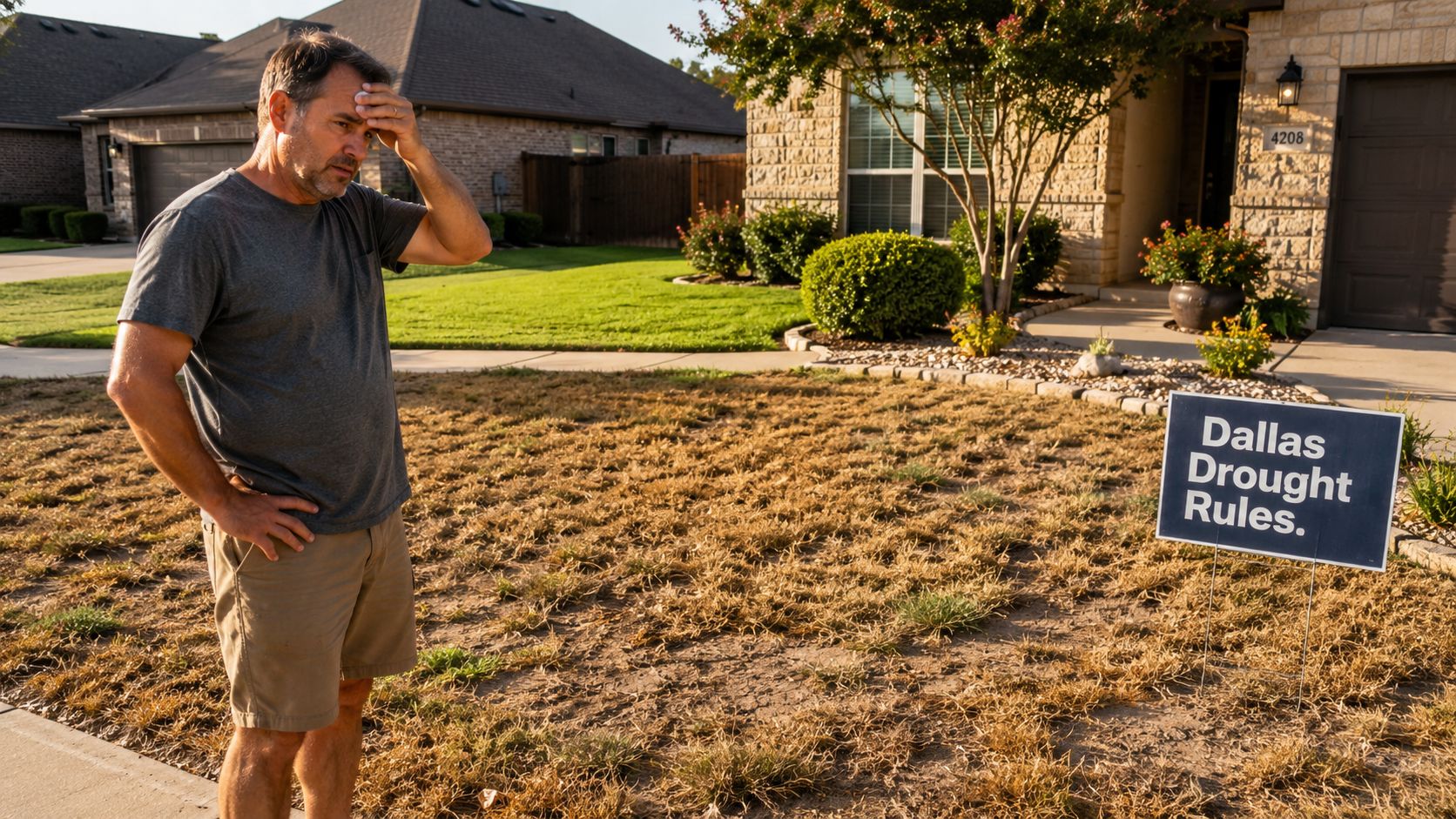 A concerned homeowner stands on his dry, withered lawn in front of a Dallas Drought Rules sign.