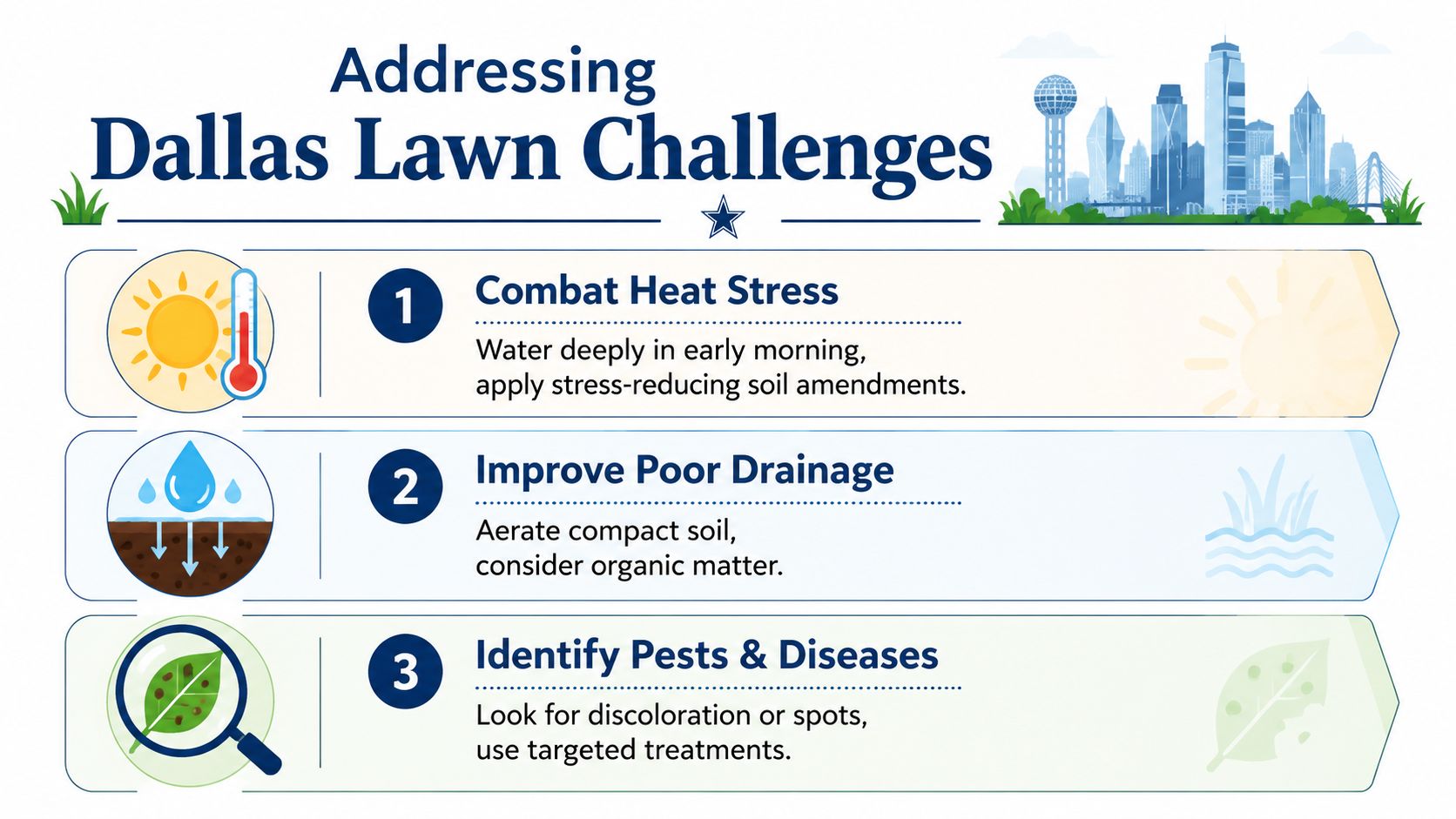 An infographic titled Addressing Dallas Lawn Challenges offering three tips for healthy grass maintenance.