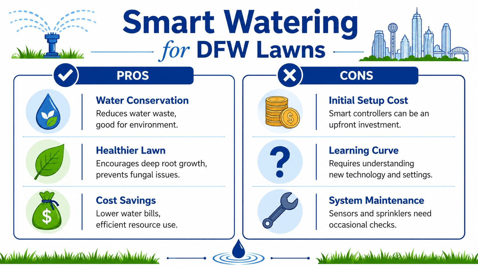An infographic showing the pros and cons of using smart irrigation systems for lawns in Dallas.