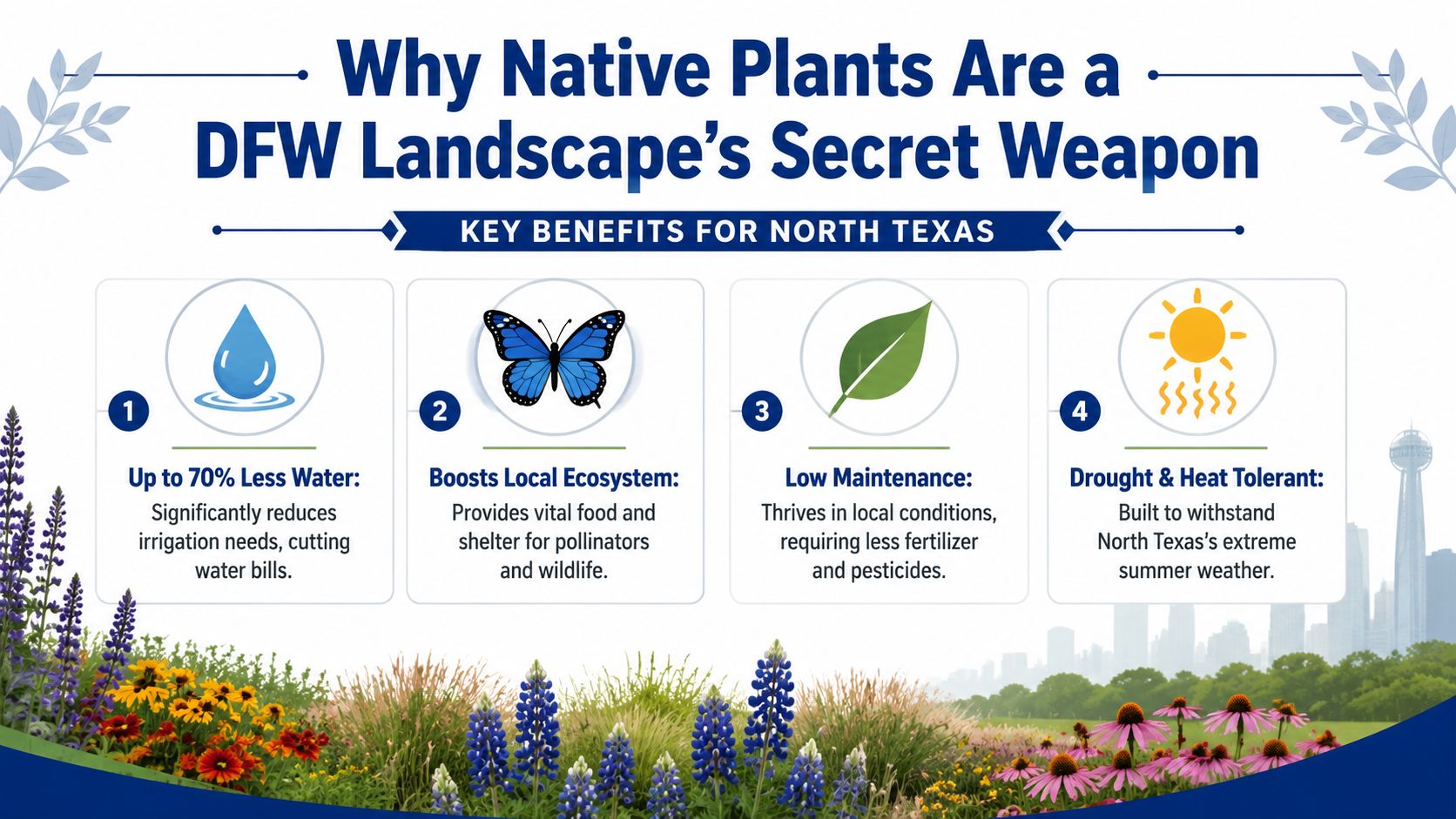 An infographic detailing four primary benefits of using native plants for landscaping in the Dallas-Fort Worth area.