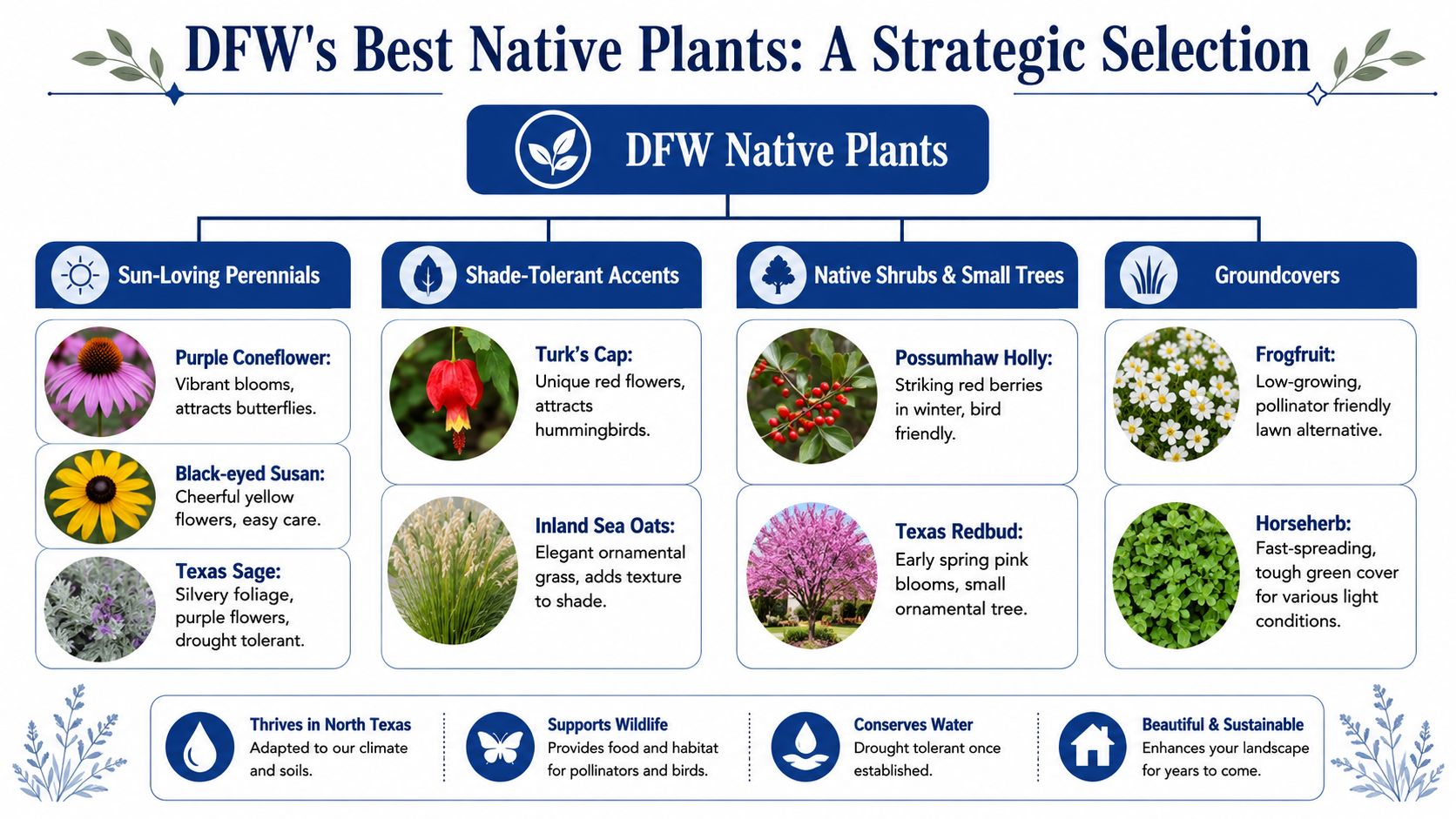 A descriptive infographic showcasing recommended native plants for DFW landscaping, categorized by type and environmental needs.