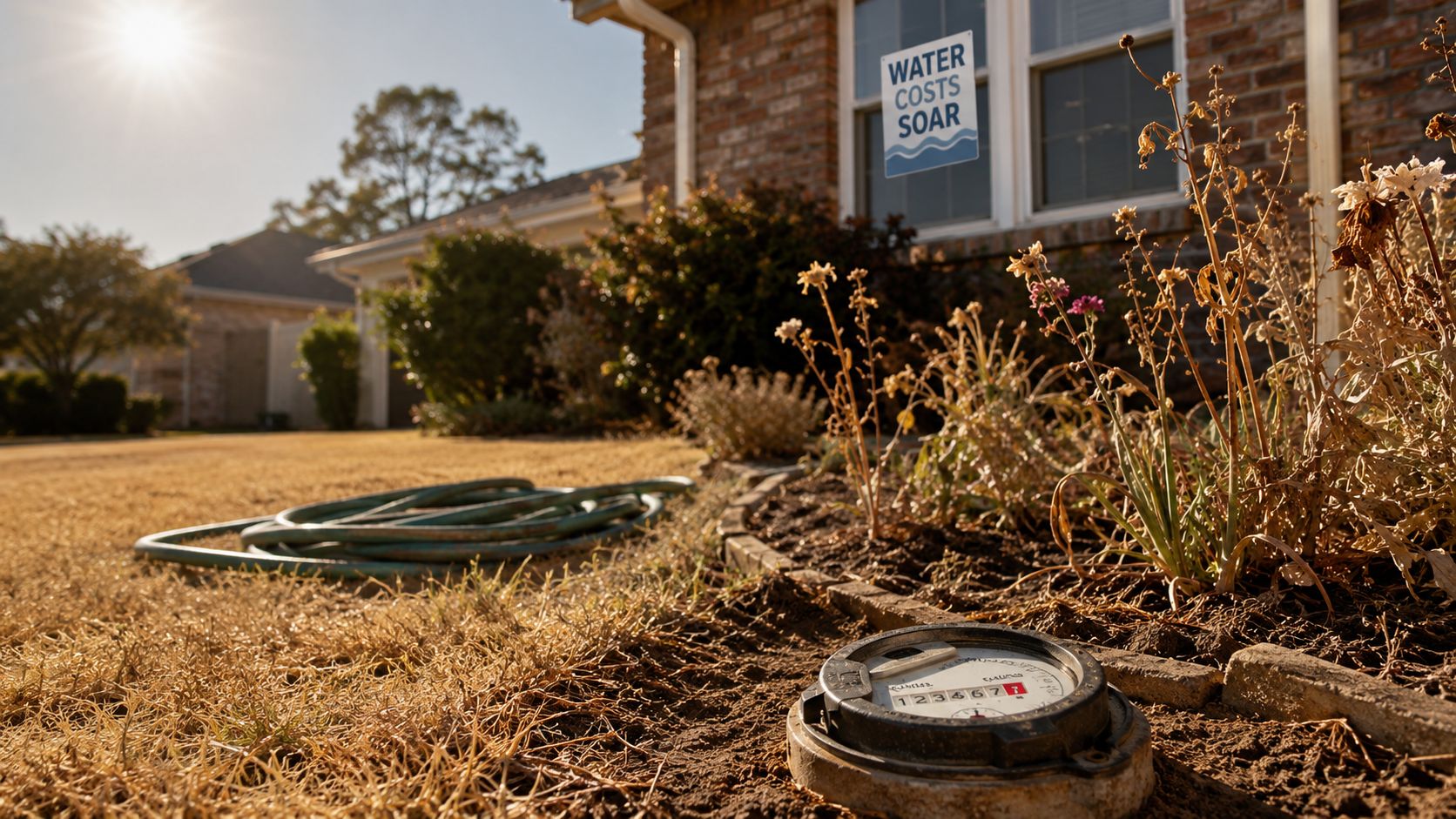 A water meter installed in a dry yard with a sign in the window warning about costs.
