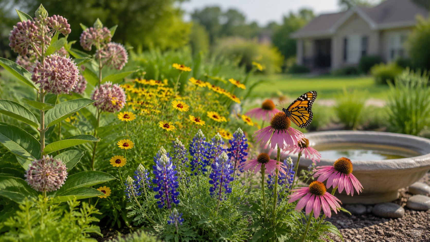 A monarch butterfly rests on a purple coneflower in a colorful, sunlit backyard garden with a birdbath.