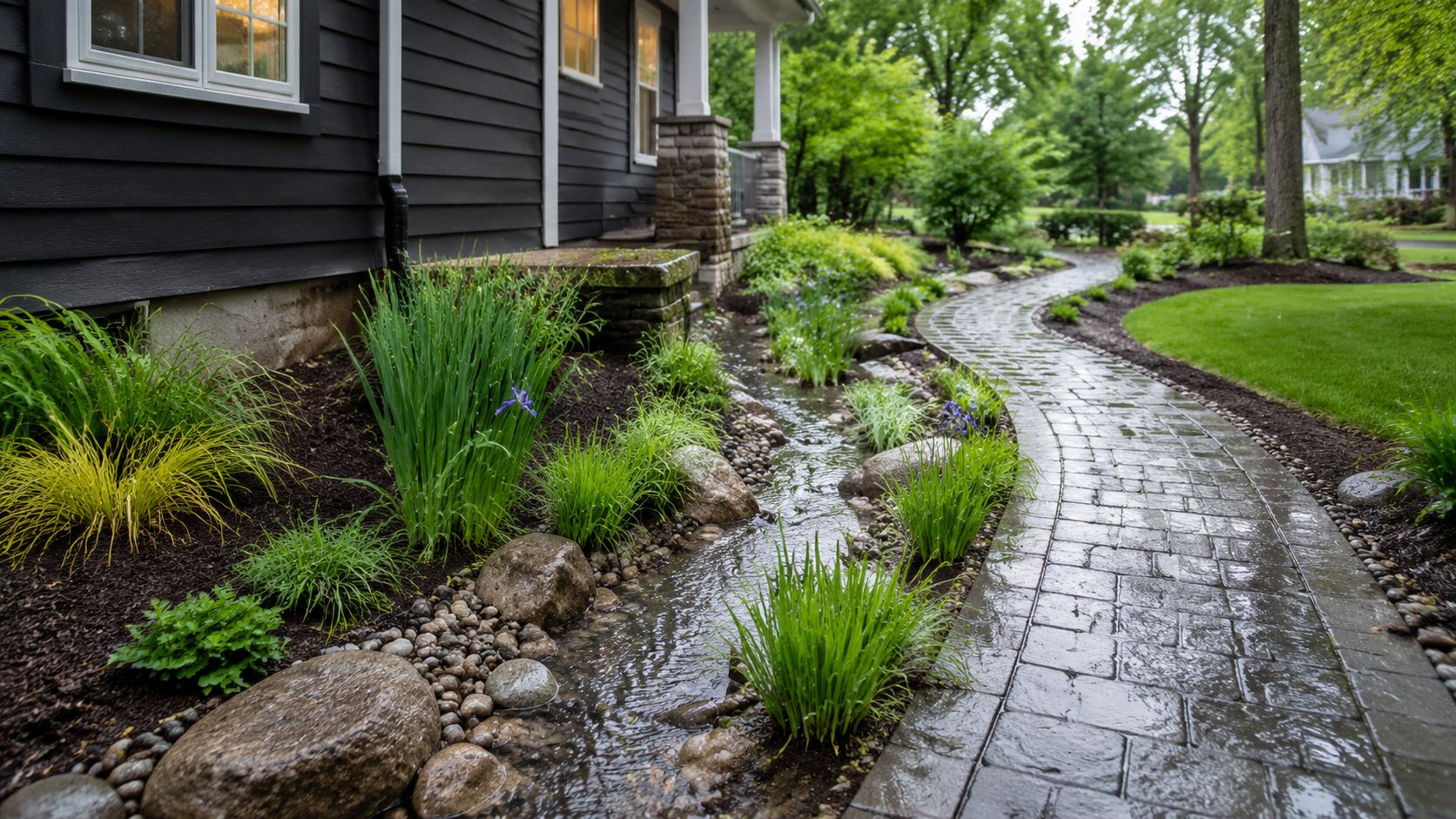A landscaped dry creek bed alongside a stone paver walkway next to a dark gray house.
