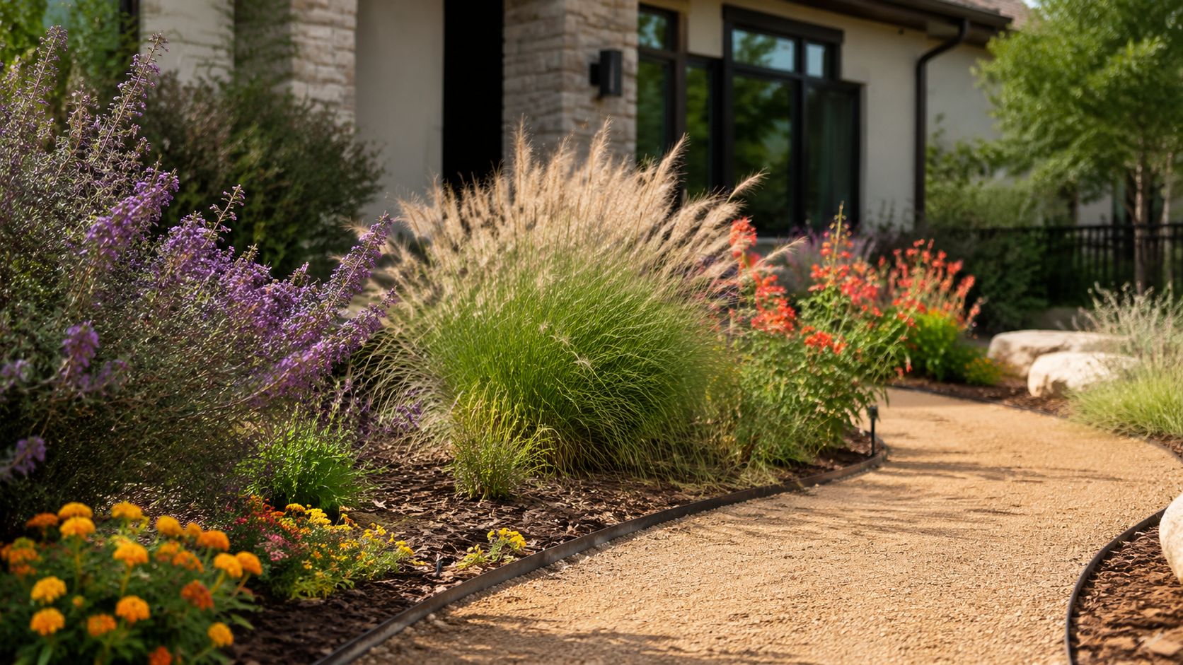 A landscaped pathway featuring colorful flowers, ornamental grasses, and mulch in a front yard garden design.