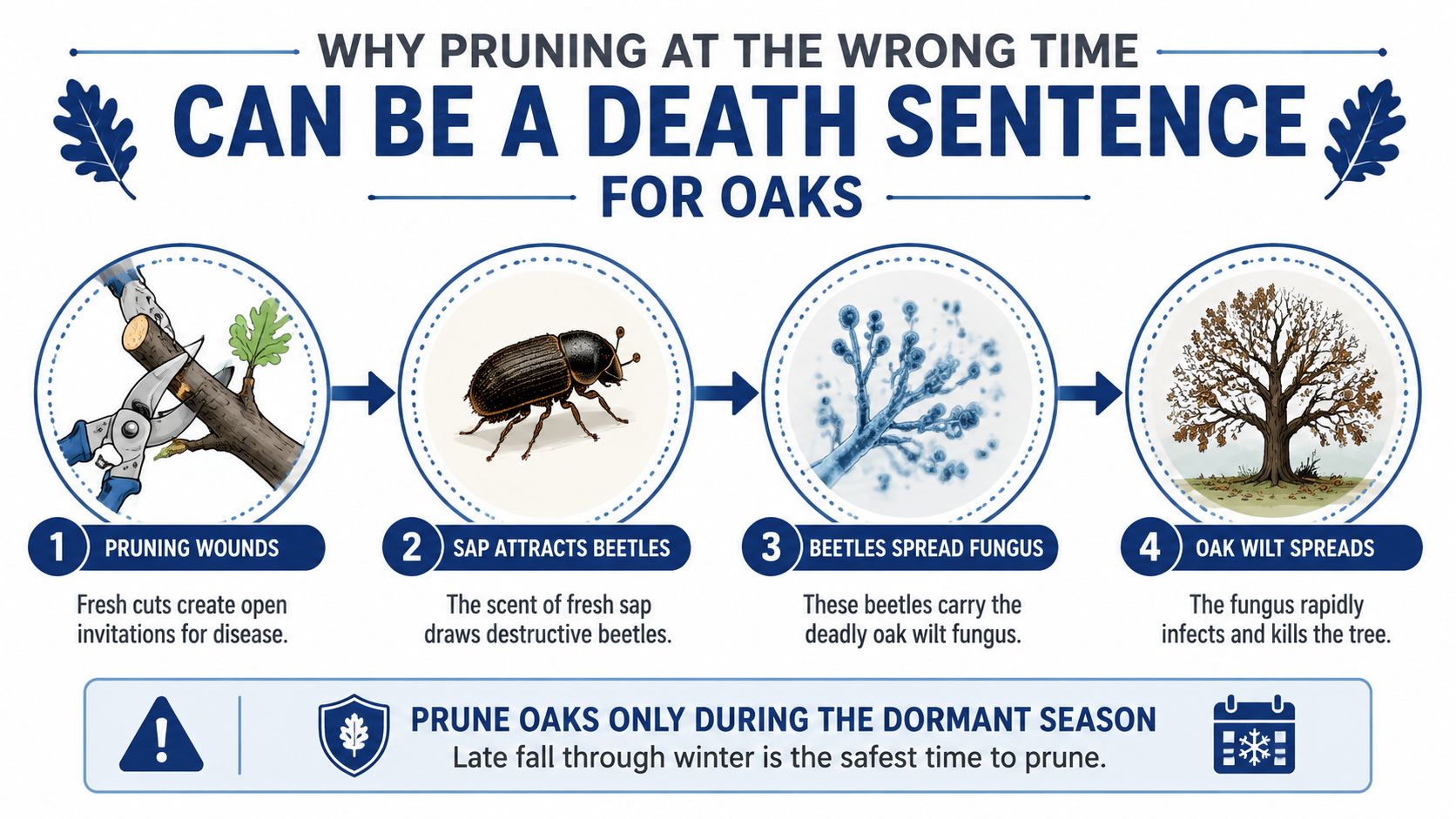 An infographic showing the four stages of how improper oak tree pruning leads to oak wilt disease.
