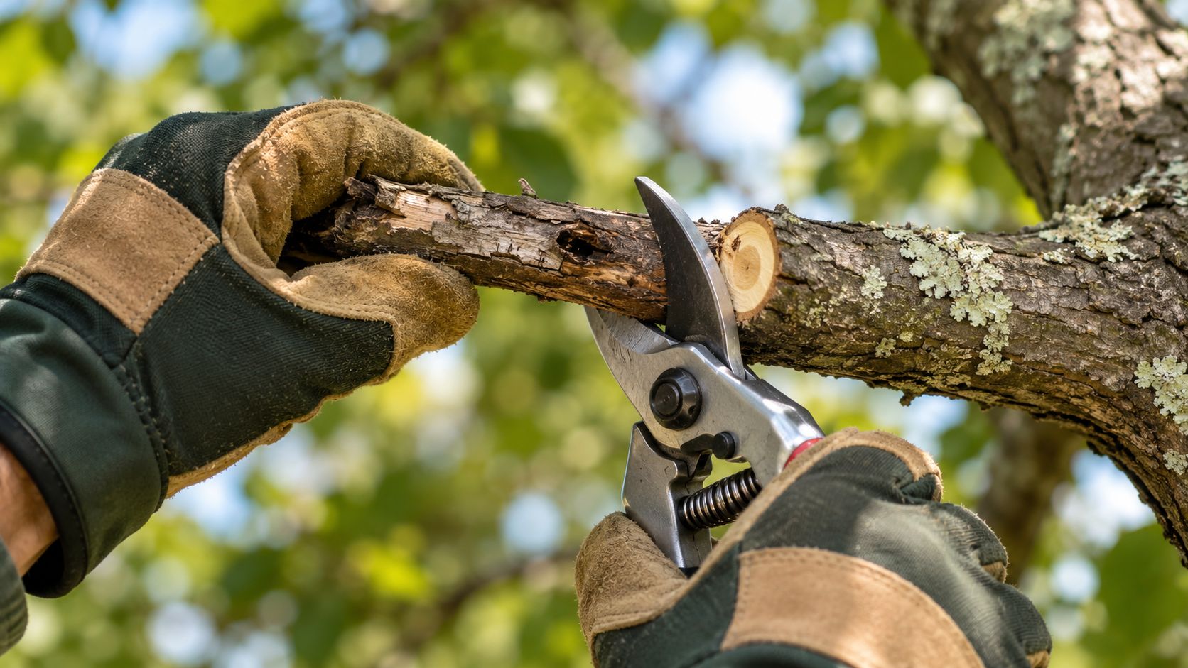 A pair of gloved hands uses pruning shears to cut a dead branch from an oak tree.