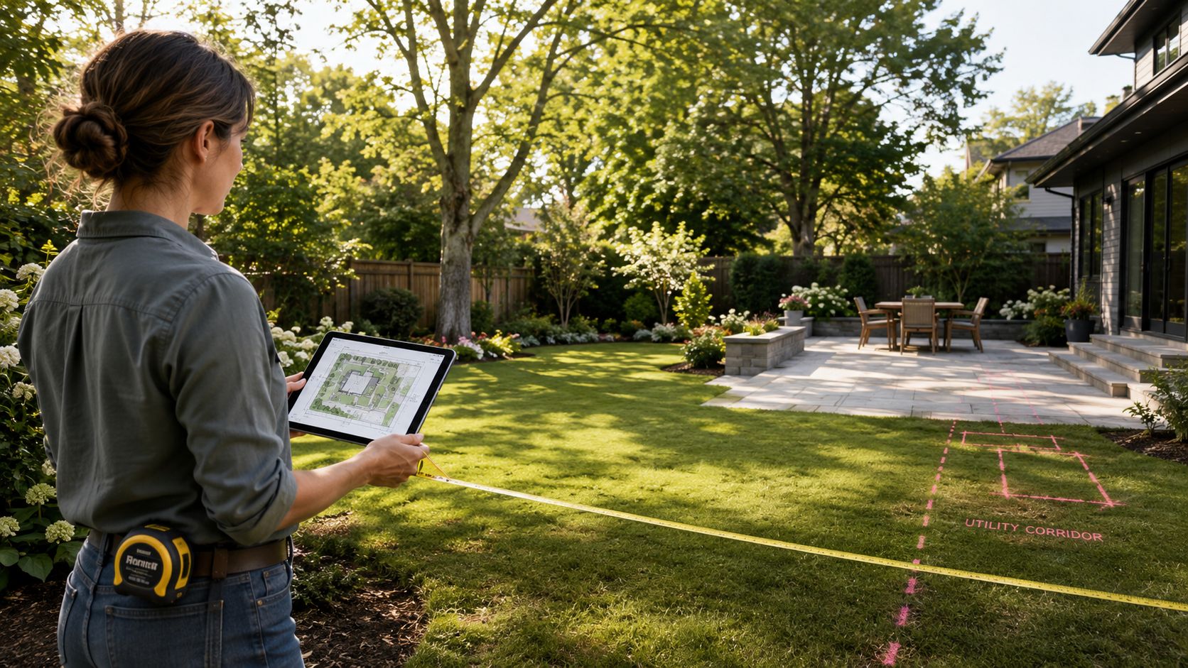 A professional landscaper reviews outdoor kitchen design plans on a tablet while measuring a backyard.
