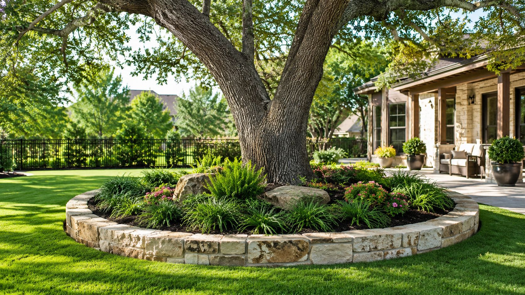 A mature tree surrounded by a raised stone border garden bed in a manicured backyard lawn.