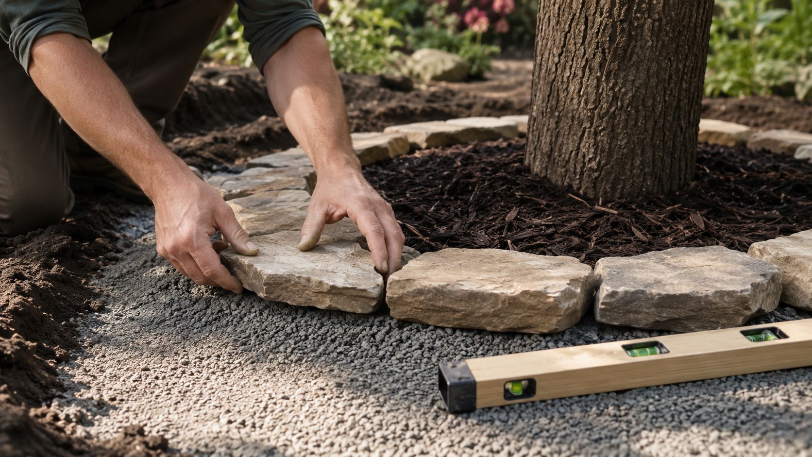 A landscaper's hands carefully placing natural stones to create a decorative garden border around a tree.