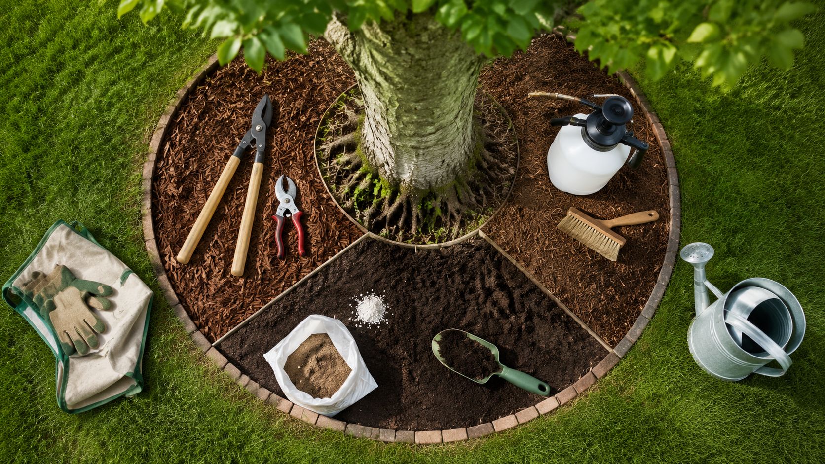 Gardening tools, mulch, and soil arranged around a tree trunk for maintenance and care in a garden.