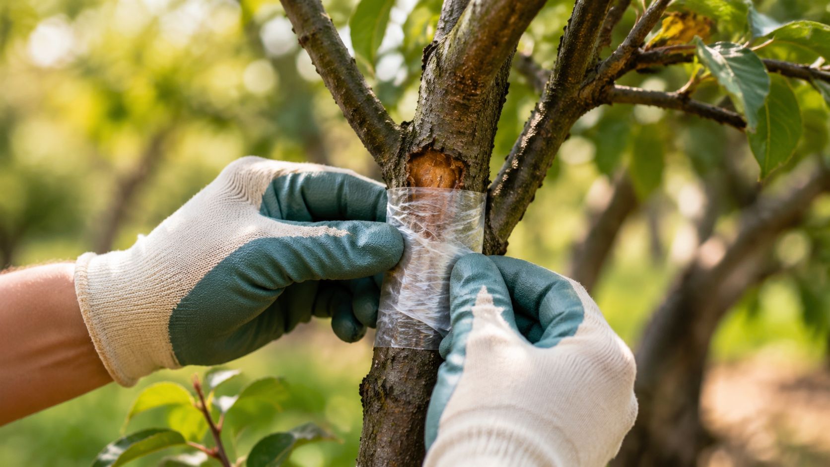 A pair of gloved hands applying protective plastic wrap to a wounded area on a tree branch.