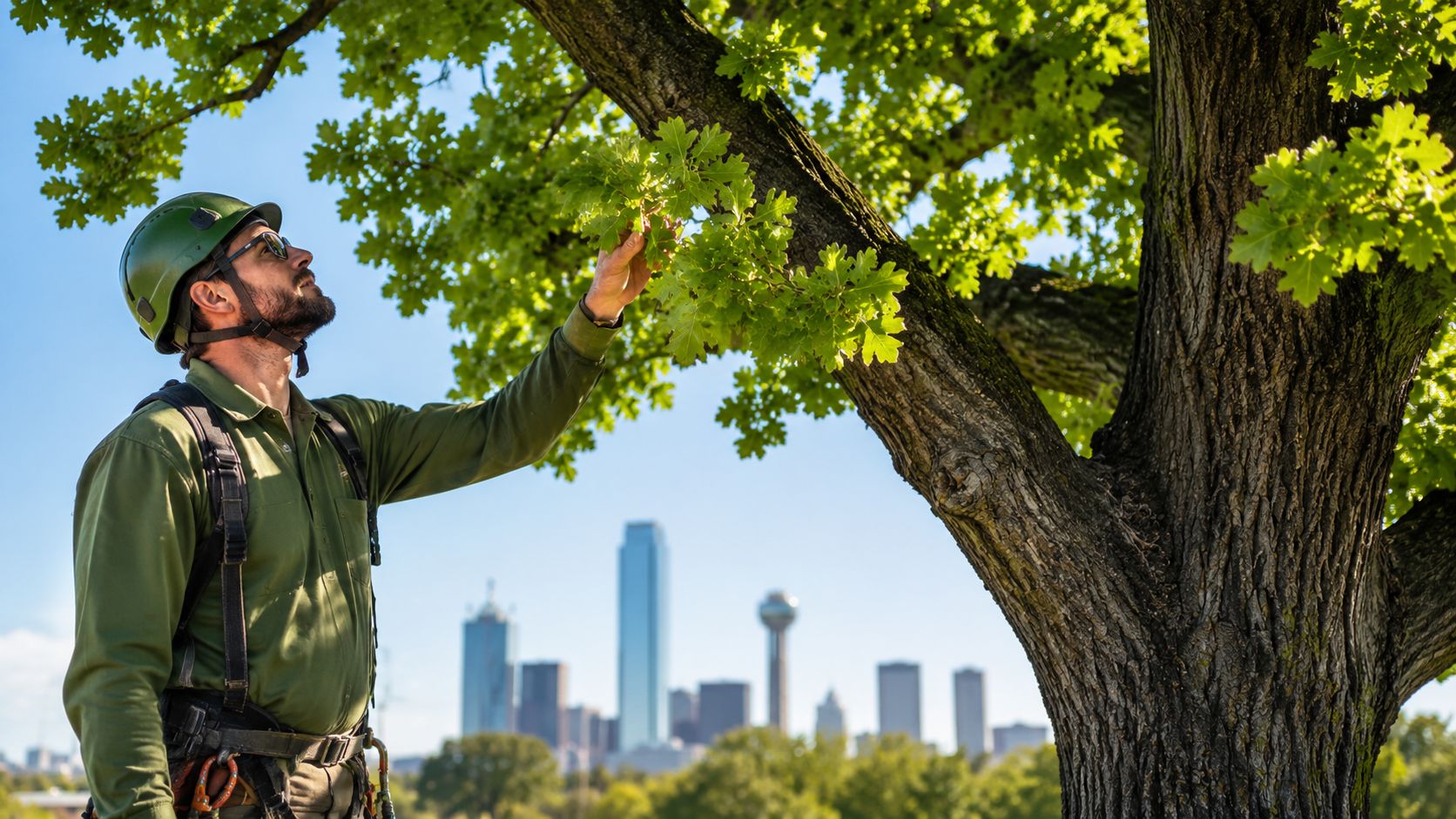 A professional arborist examining tree leaves with the Dallas city skyline visible in the background.