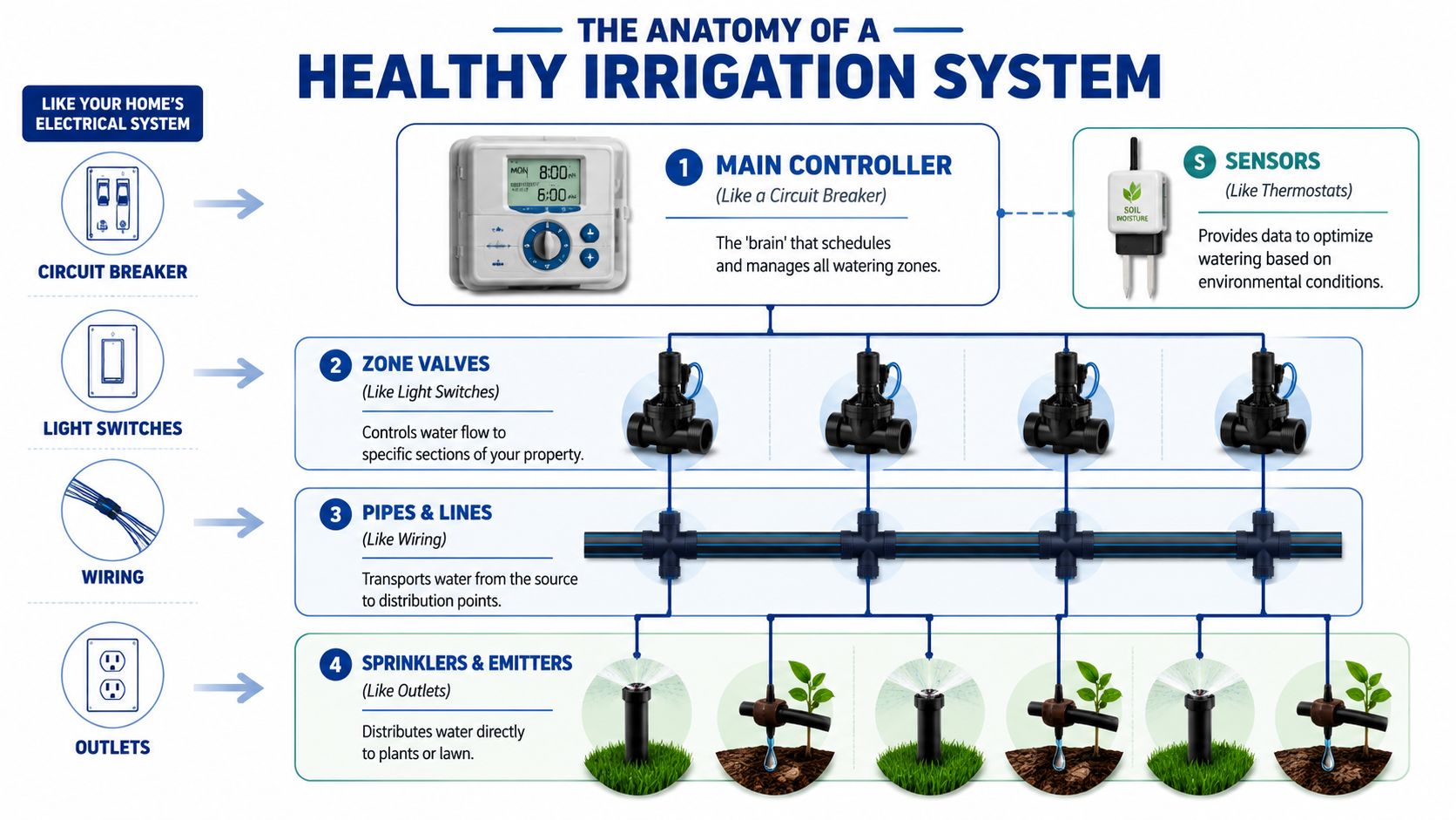 An infographic illustrating the components of a healthy irrigation system compared to a home electrical system.