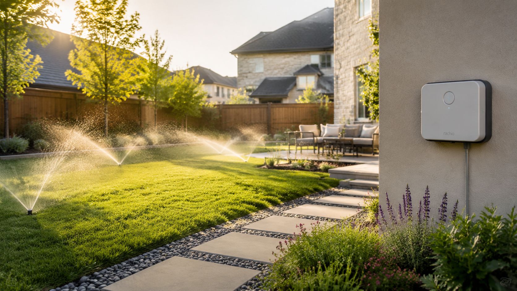 A Rachio irrigation controller mounted on a home exterior wall while sprinklers water a green lawn.