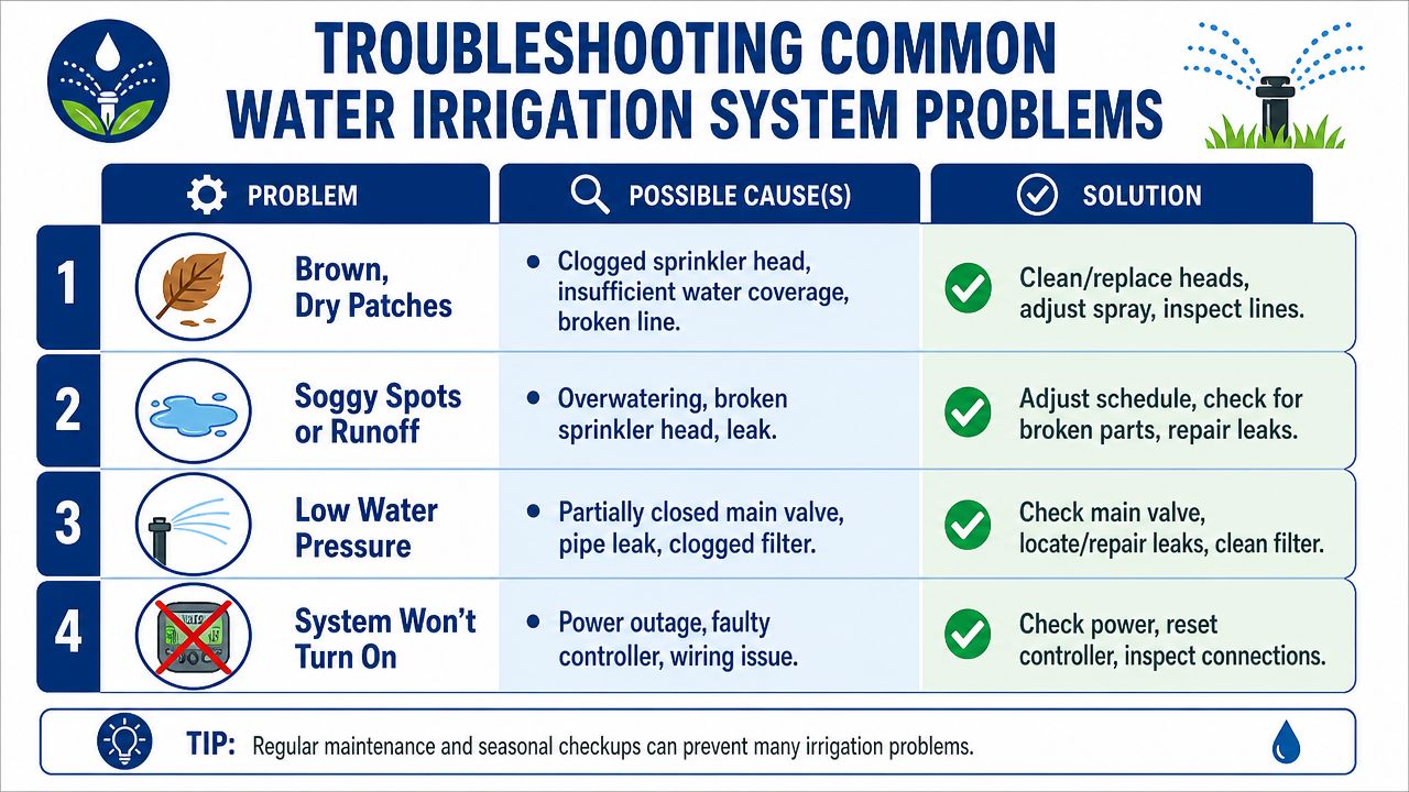 A troubleshooting chart for common water irrigation system problems including fixes for dry patches, leaks, pressure, and power.
