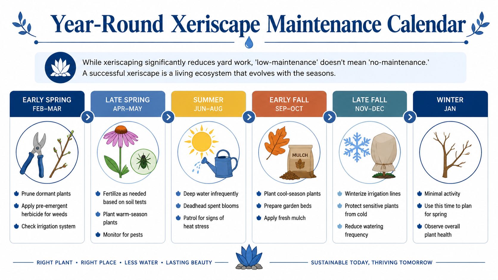 A year-round maintenance calendar infographic for xeriscaping, detailing seasonal gardening tasks for sustainable, low-water landscapes.
