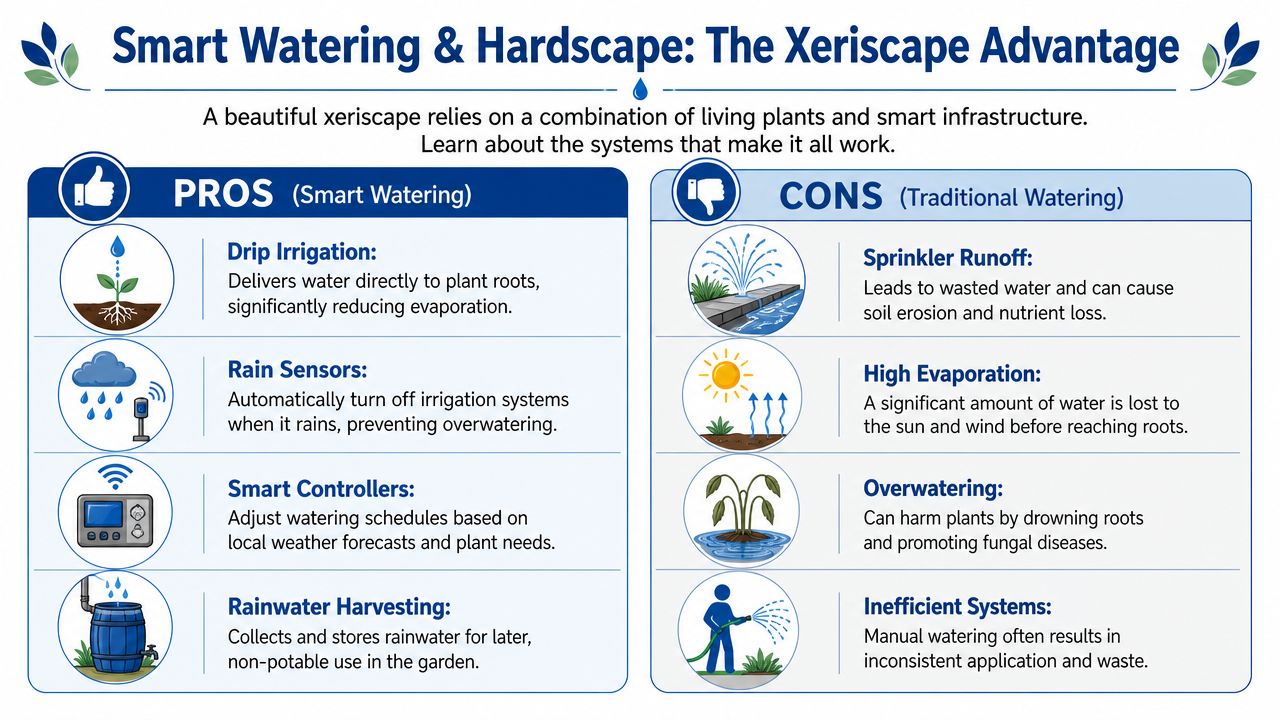 An infographic comparing pros of smart xeriscaping water systems versus cons of traditional watering methods.