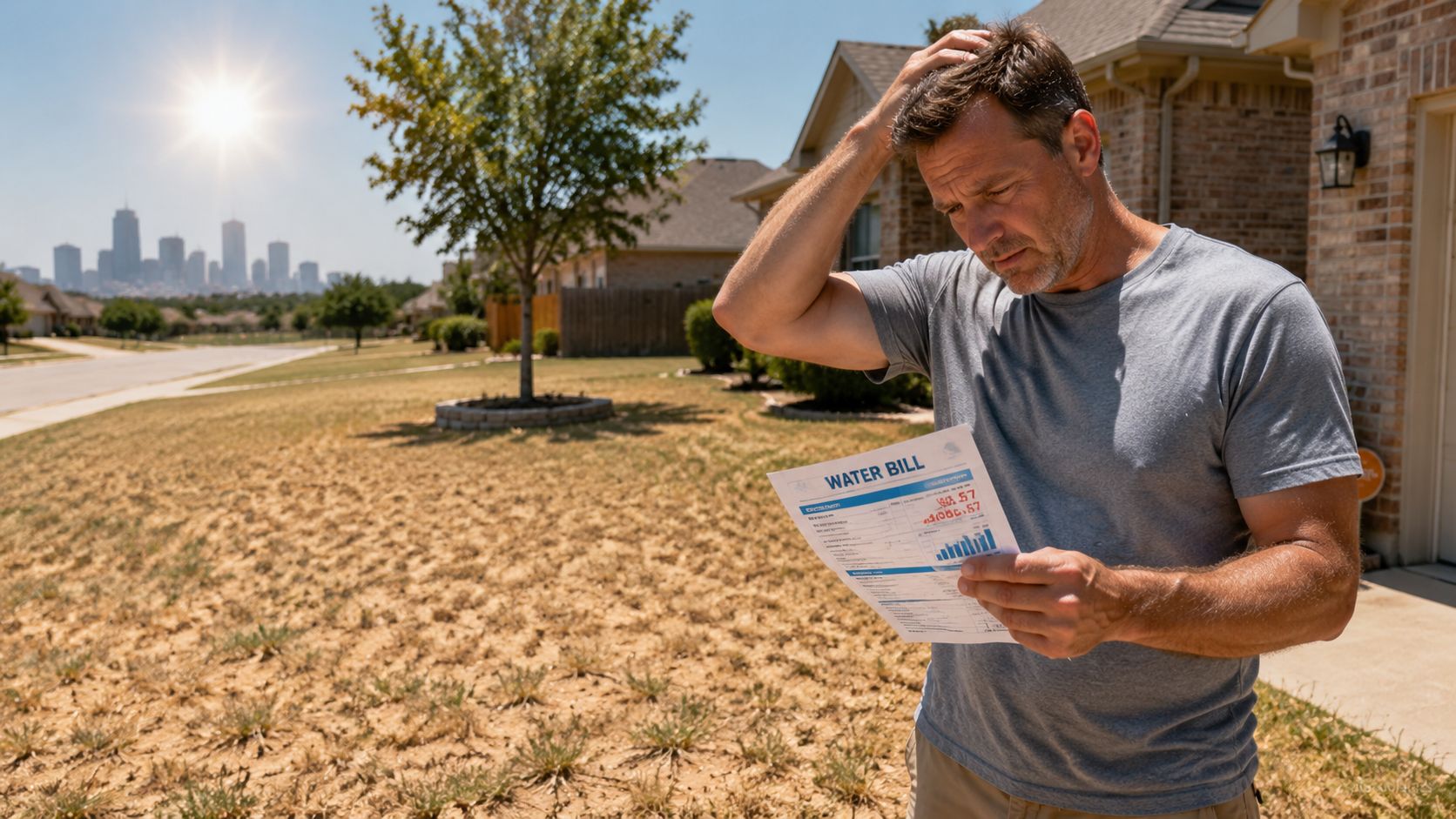 A concerned man holds a high water bill while standing in his dried, yellow residential lawn.