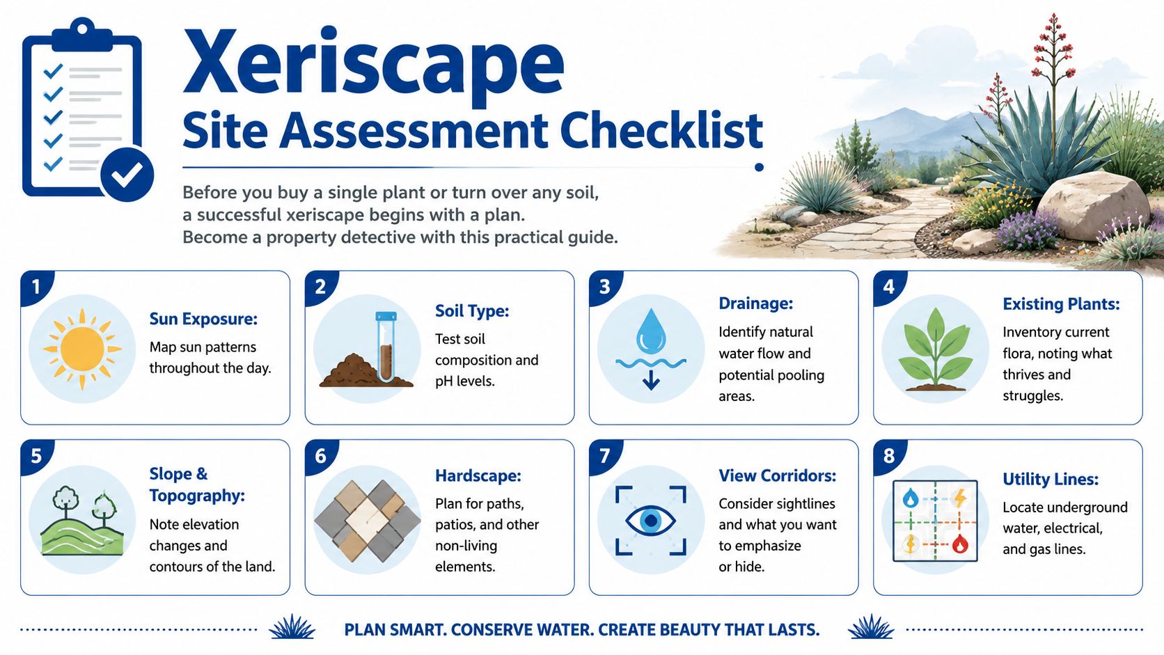 An infographic checklist for planning a xeriscape garden, covering steps like sun exposure, soil, and drainage.