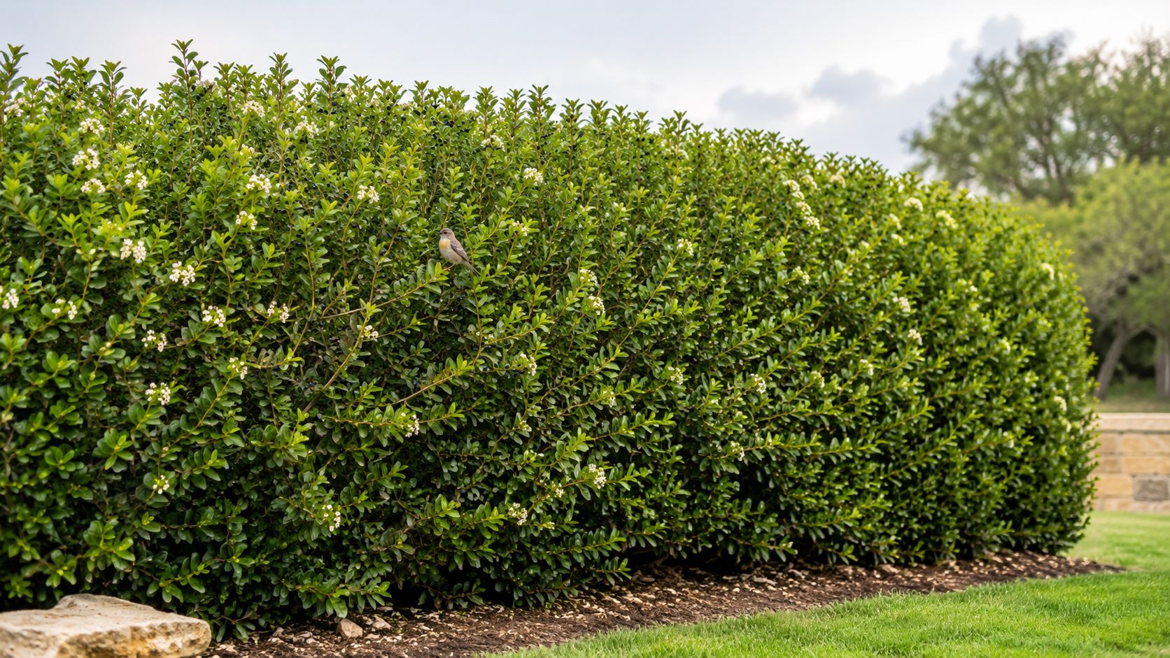 A small bird perched on a lush, flowering green shrub hedge in a well-maintained garden landscape.