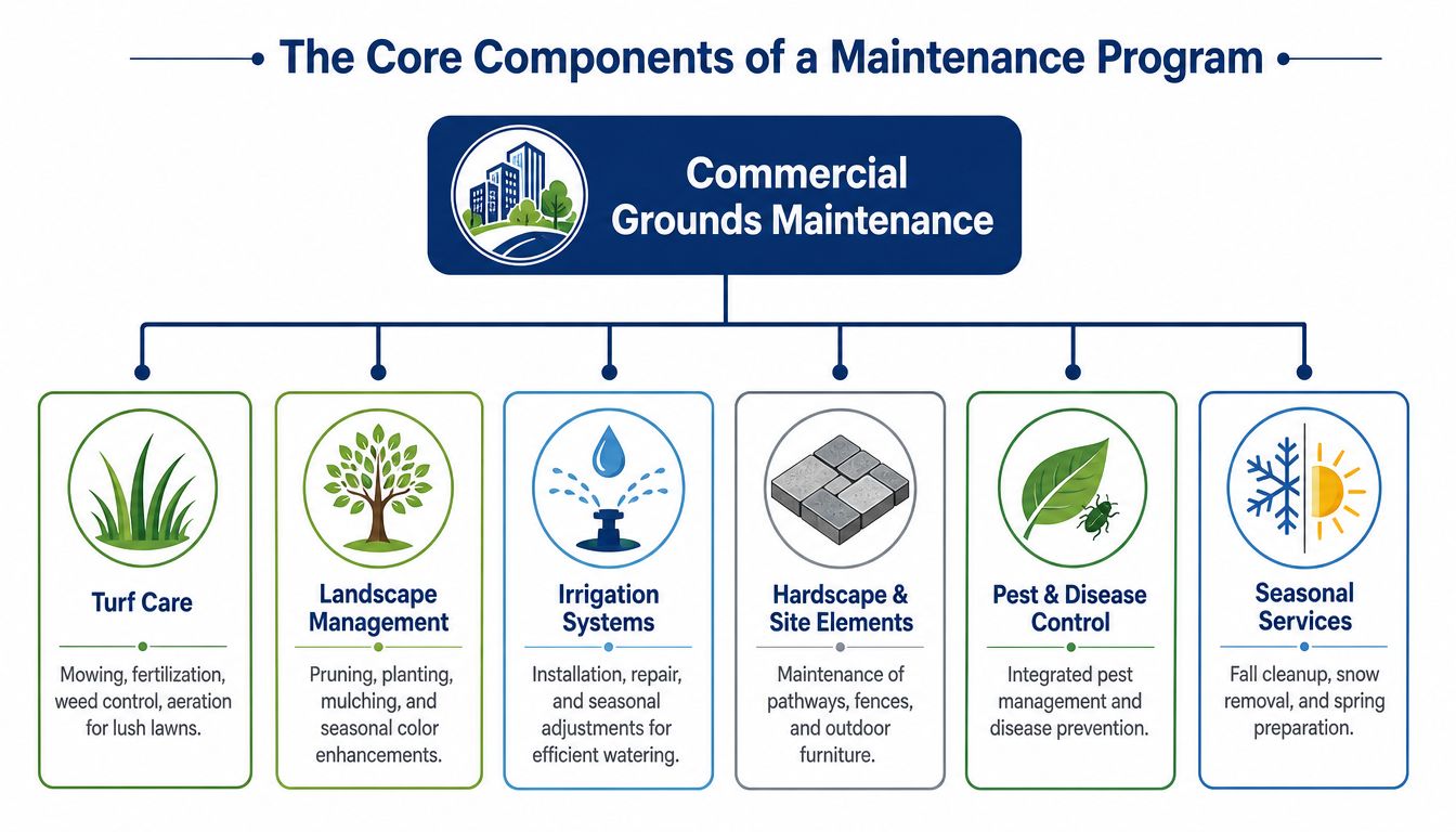 A diagram illustrating the core components of a commercial grounds maintenance program including turf, landscaping, and irrigation.
