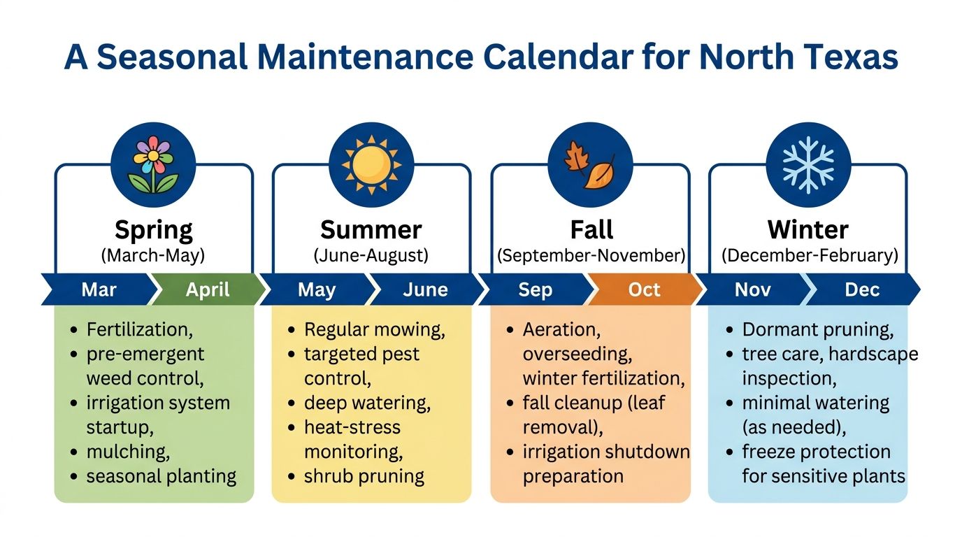 A seasonal maintenance calendar chart illustrating gardening and landscaping tasks for four seasons in North Texas.