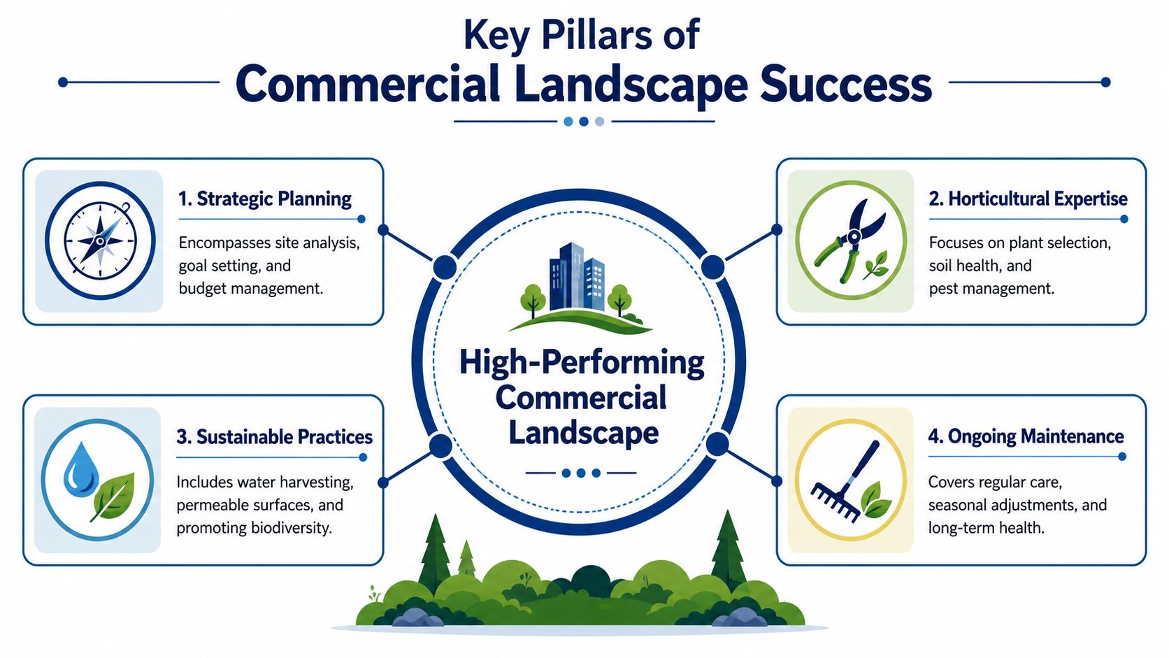 An infographic detailing the four key pillars of achieving a high-performing and successful commercial landscape design.
