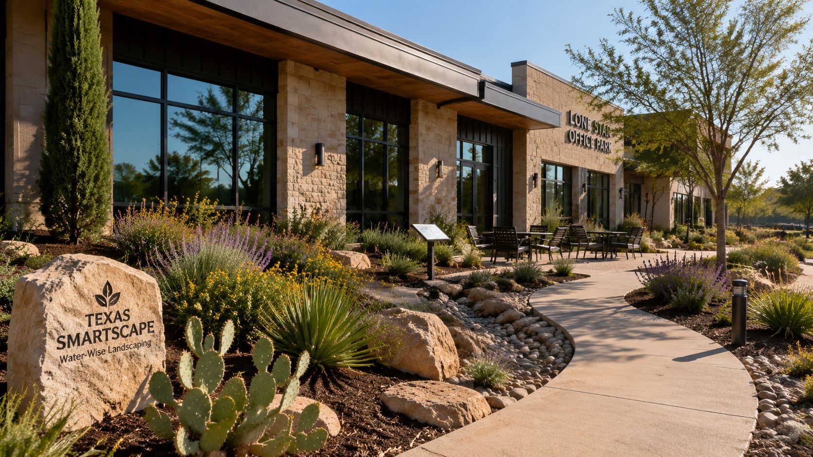 A scenic view of a professional office park featuring water-wise Texas Smartscape landscaping and modern stone architecture.