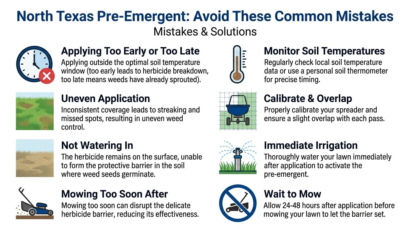 An infographic detailing common mistakes and solutions for applying pre-emergent herbicide in North Texas lawns.